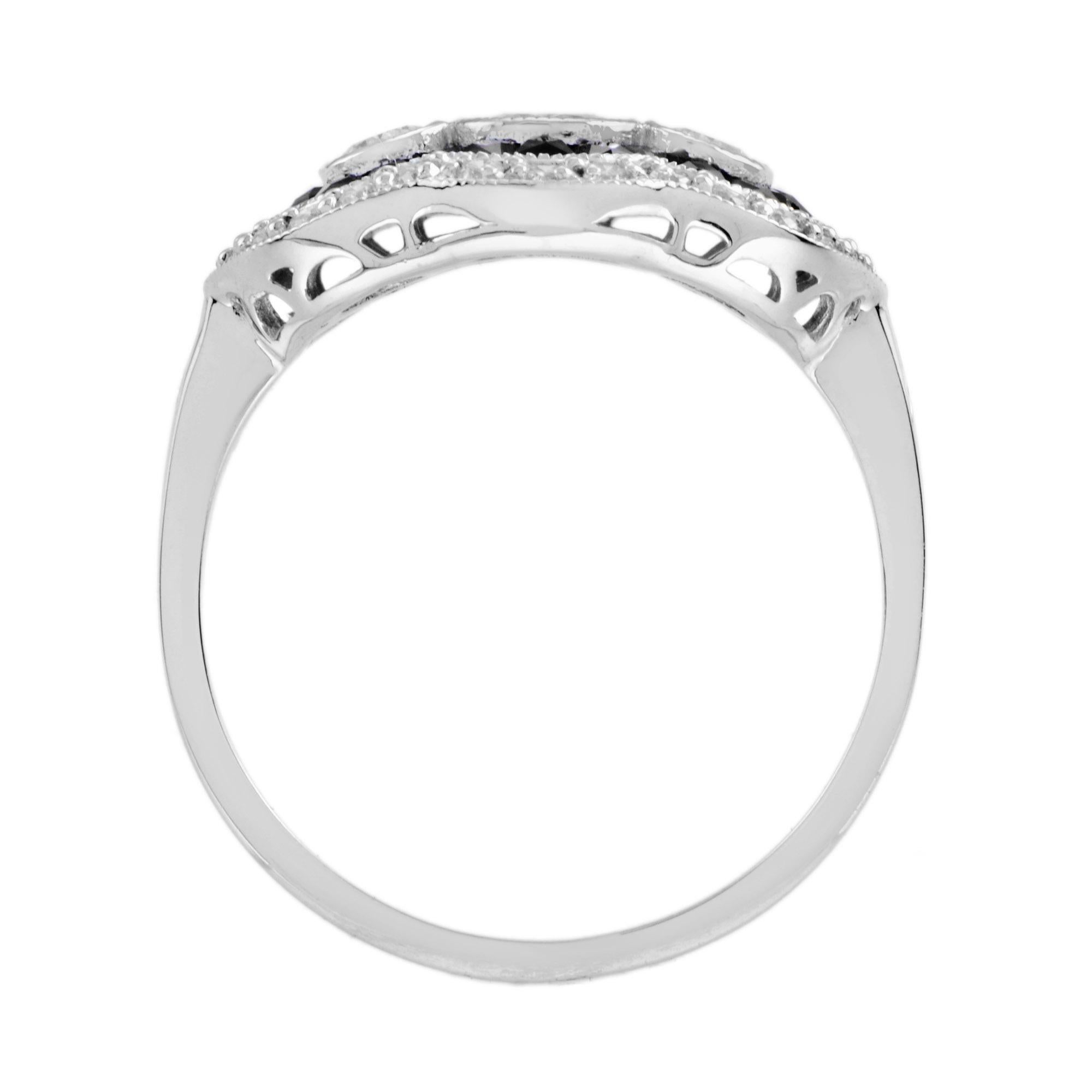Diamond &Black Onyx Art Deco Style Three Stone 14K White Gold Ring In New Condition For Sale In Oakton, VA
