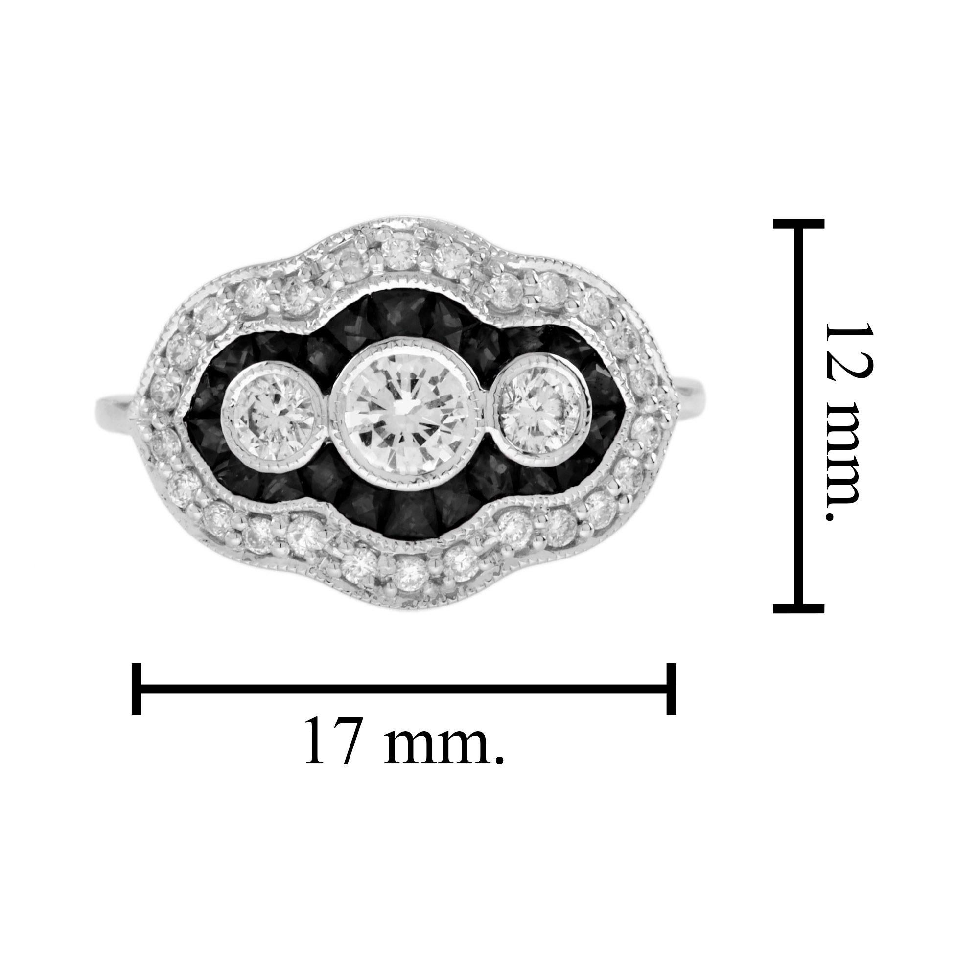 Diamond &Black Onyx Art Deco Style Three Stone 14K White Gold Ring For Sale 1