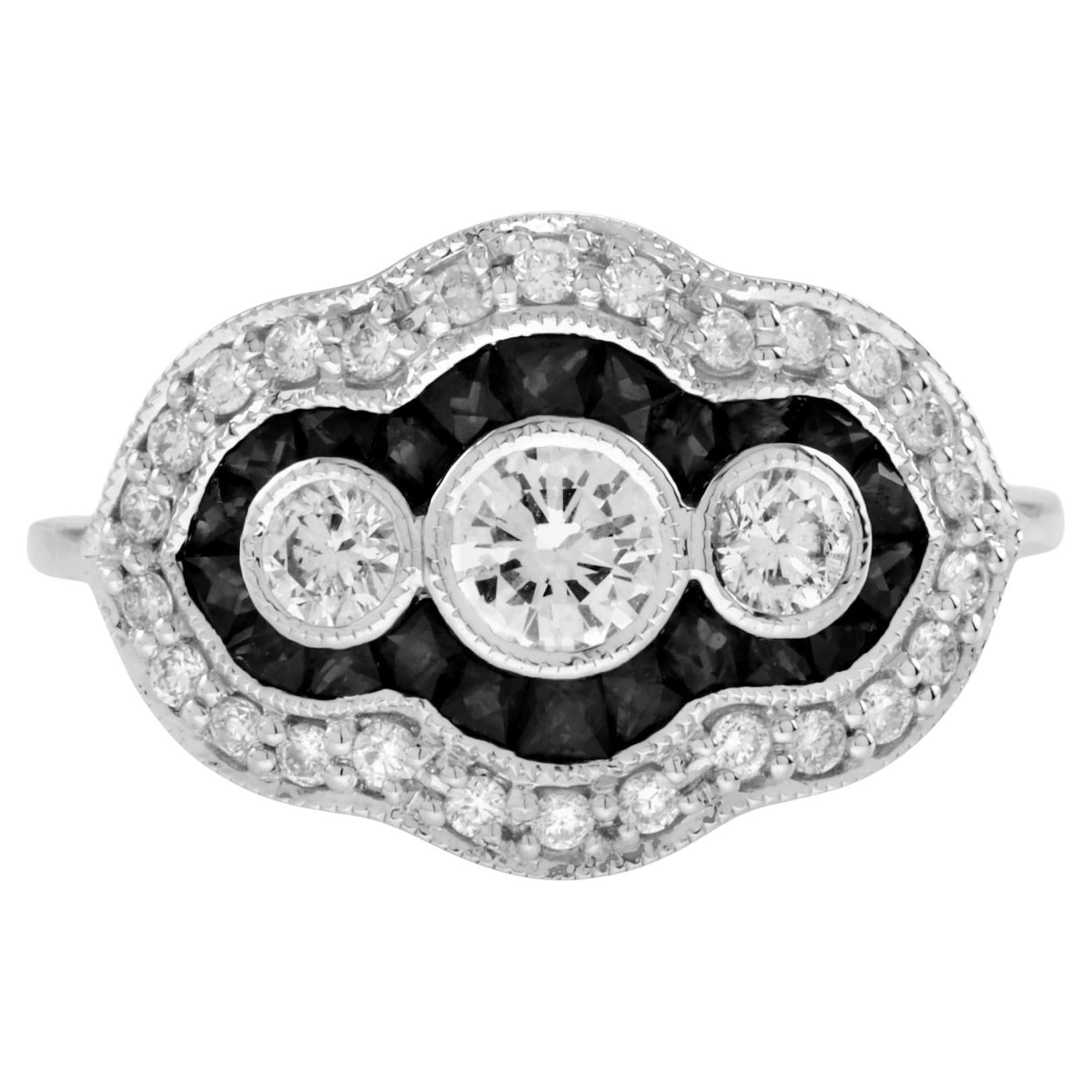 Diamond &Black Onyx Art Deco Style Three Stone 14K White Gold Ring For Sale