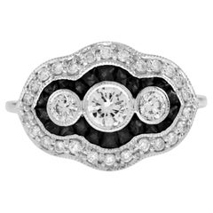 Diamond &Black Onyx Art Deco Style Three Stone 14K White Gold Ring