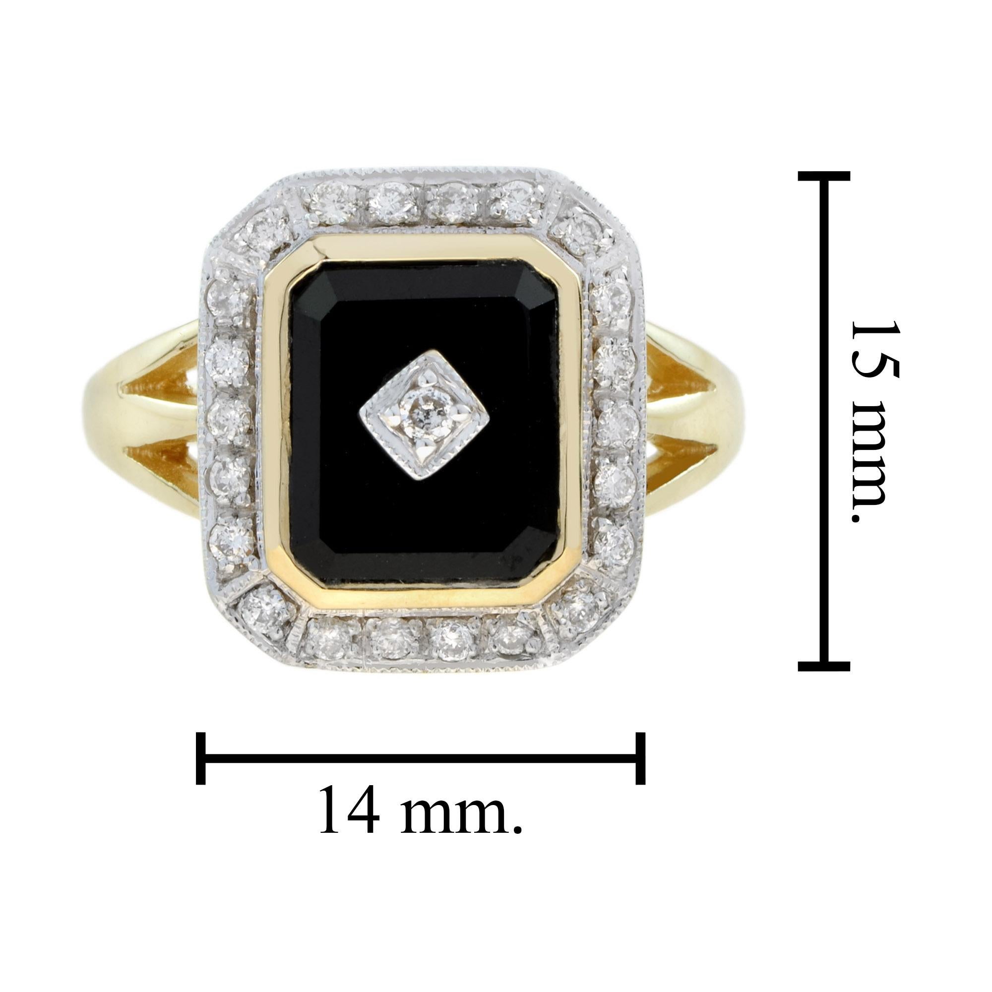 Donna Anello con diamante e onice nero in stile Art Deco con triplo gambo e aureola in oro giallo 14 carati in vendita
