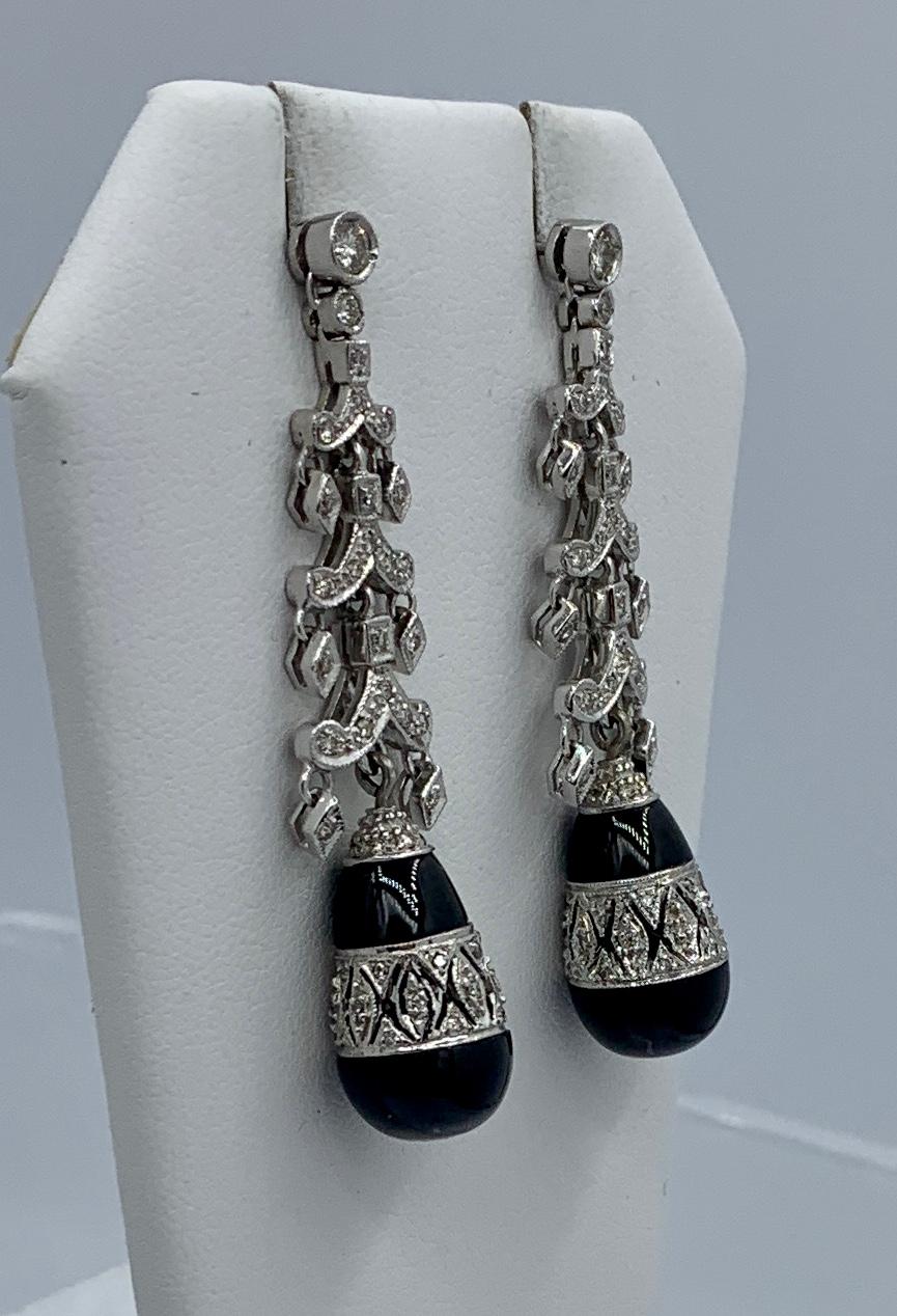 Art Deco Diamond Black Onyx Dangle Drop Earrings 18 Karat White Gold Antique For Sale
