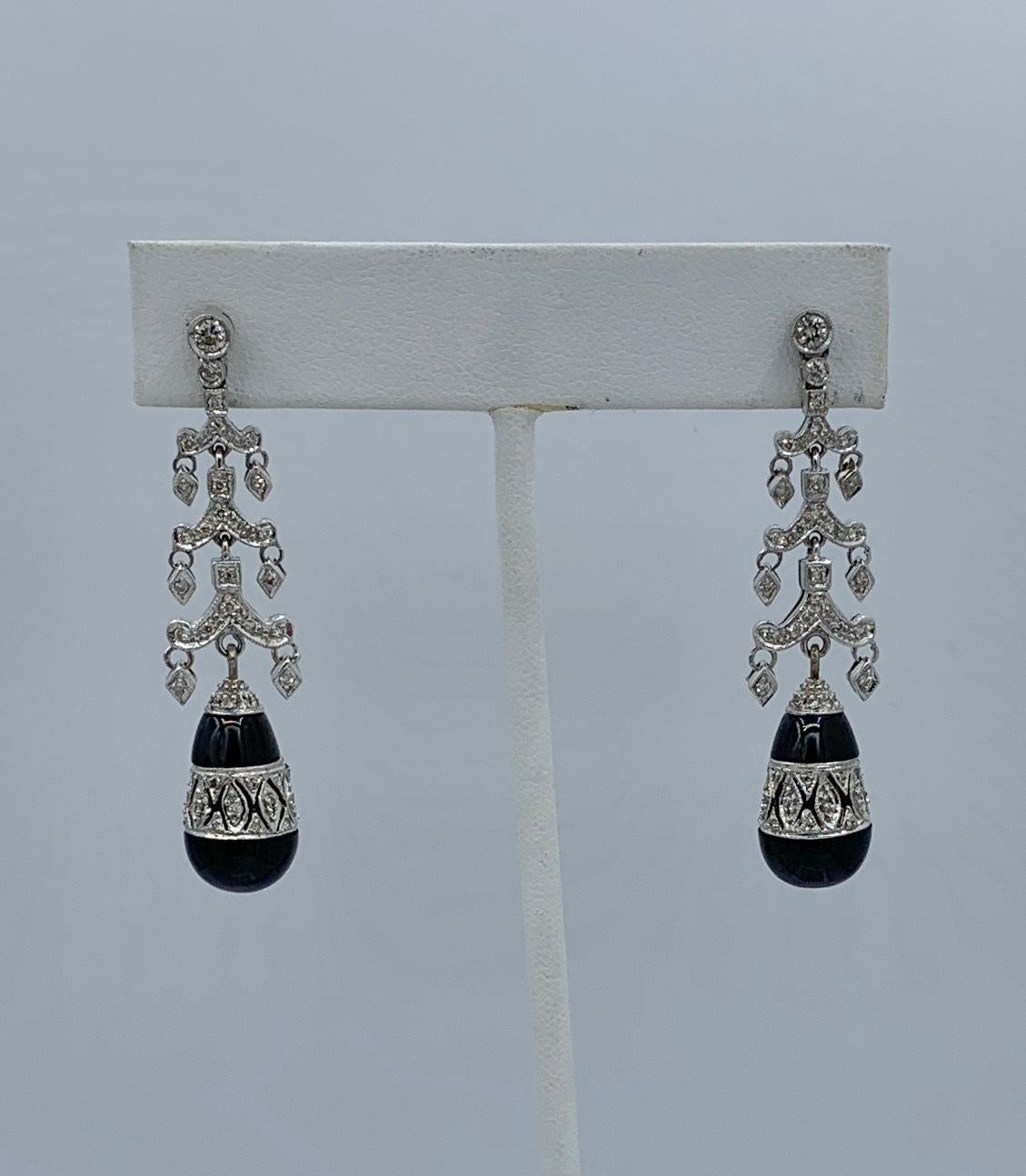 Diamond Black Onyx Dangle Drop Earrings 18 Karat White Gold Antique For Sale 1