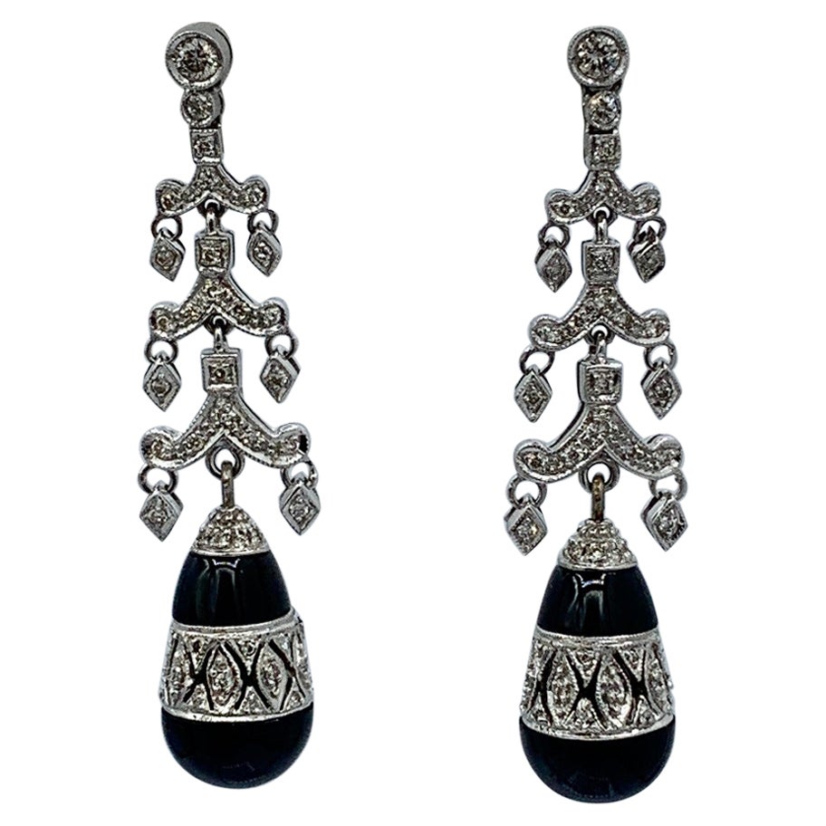 Diamant-Schwarzer Onyx-Tropfen-Ohrringe aus 18 Karat Weißgold, antik