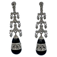 Pendants d'oreilles anciens en or blanc 18 carats avec diamants et onyx noir