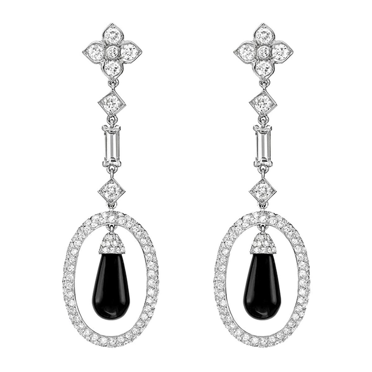 Diamond & Black Onyx Drop Earrings For Sale