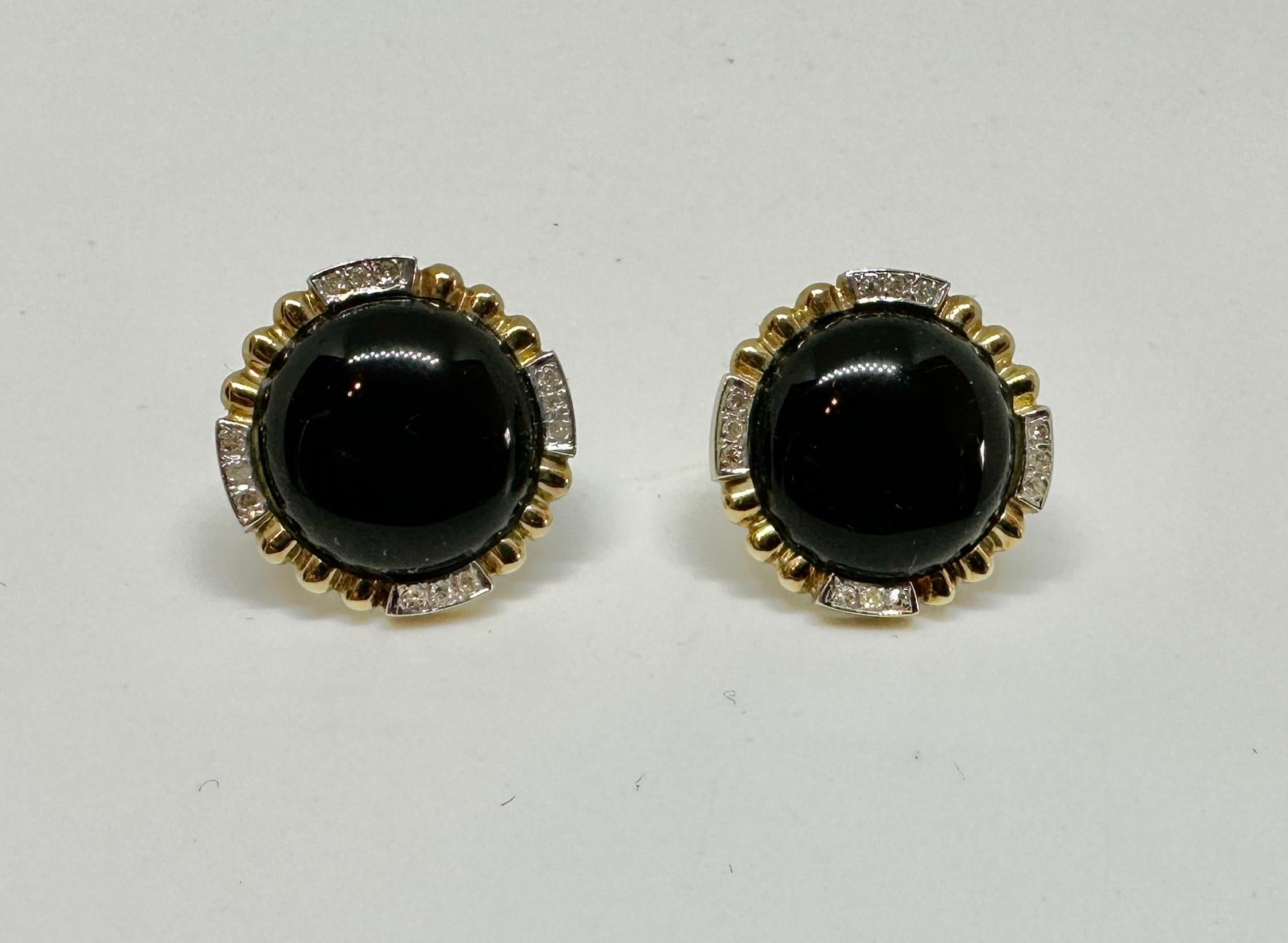Retro Diamond Black Onyx Earrings Classic 14 Karat White Gold Yellow Gold For Sale