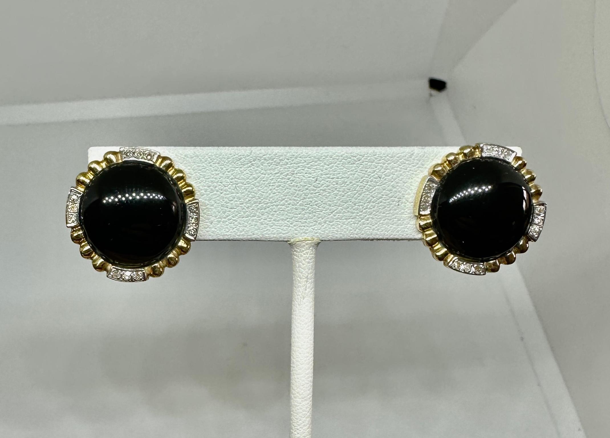 Round Cut Diamond Black Onyx Earrings Classic 14 Karat White Gold Yellow Gold For Sale