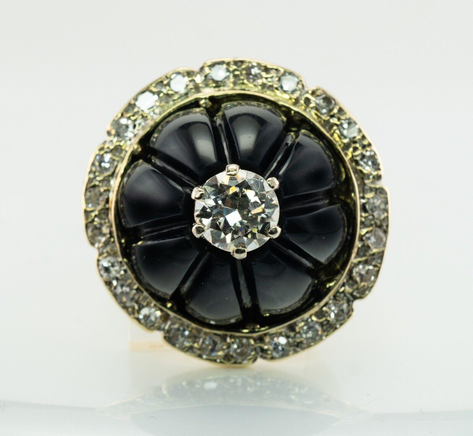 Round Cut Diamond Black Onyx Fluted Ring 14K Gold 2.08 TDW For Sale