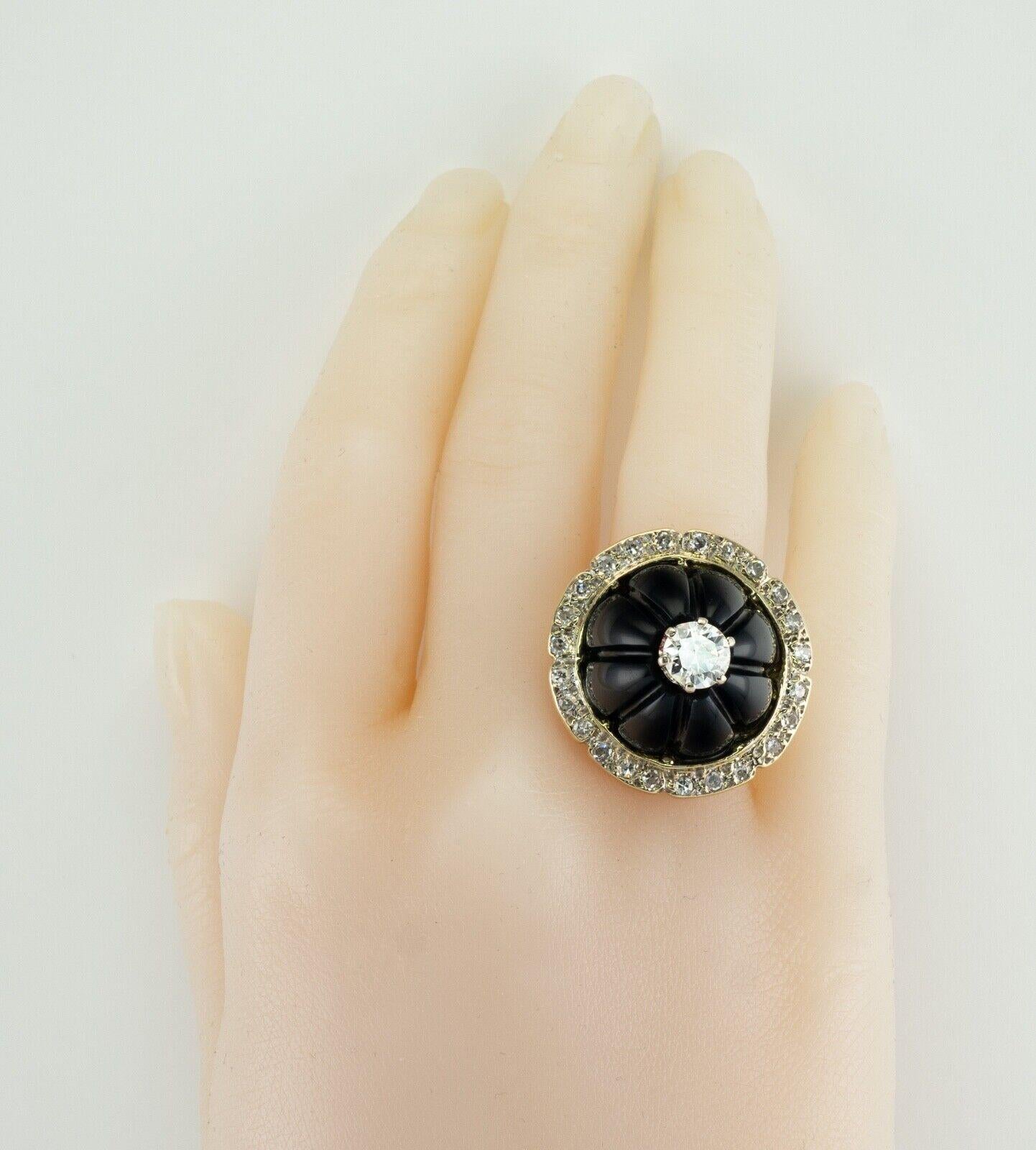 Diamond Black Onyx Fluted Ring 14K Gold 2.08 TDW In Good Condition For Sale In East Brunswick, NJ