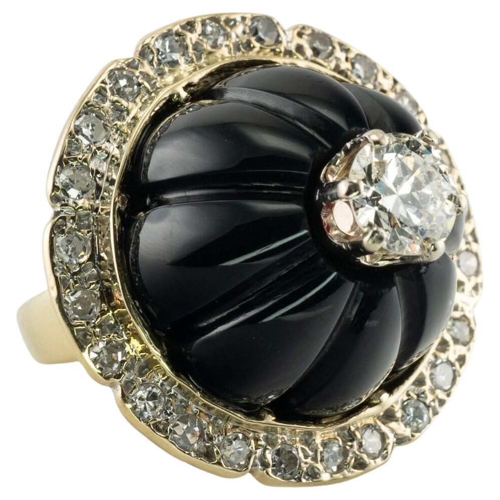 Diamond Black Onyx Fluted Ring 14K Gold 2.08 TDW For Sale