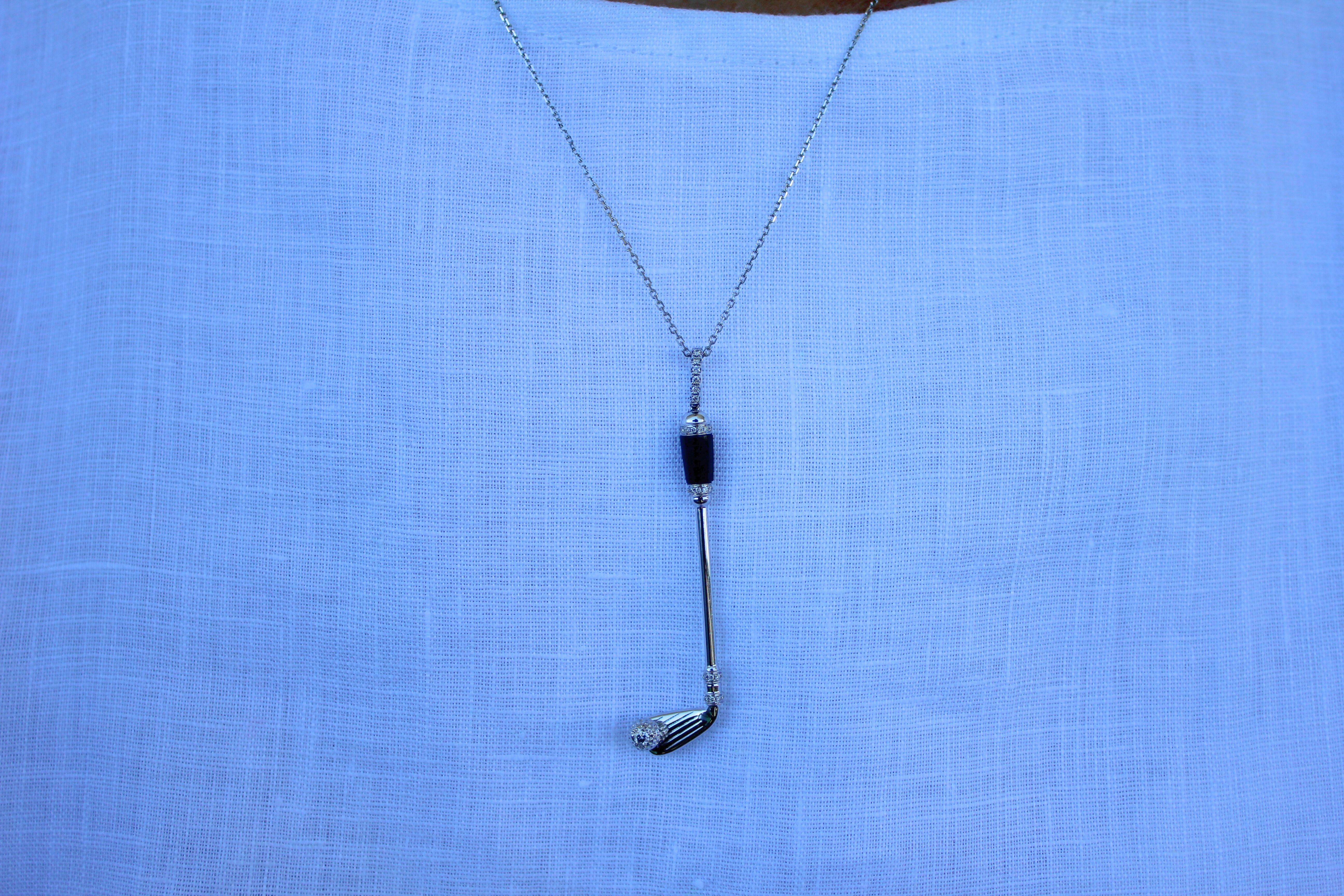Diamond Black Onyx Golf Club Birdie Charm 18 Karat White Gold Necklace Pendant For Sale 8
