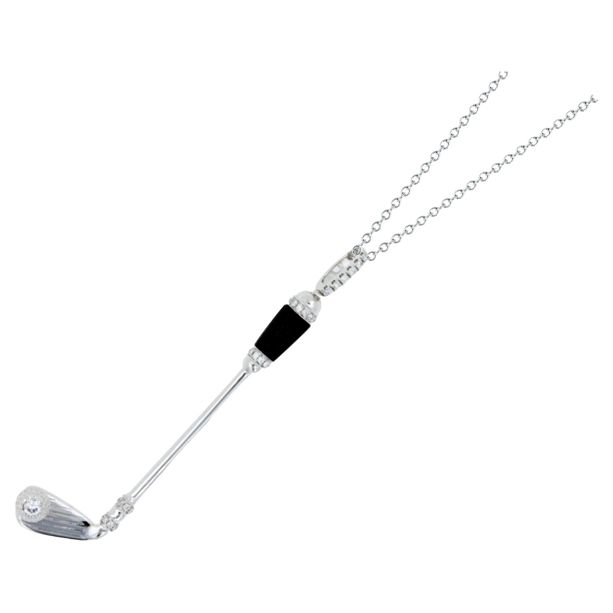 18K White Gold
Black Onyx Gemstone Handle
White Diamond Golf Ball Gemstone
0.30 cts Diamonds
16-18 inches Diamond-Cut Link Cable chain length
In-Stock
This is part of Galt & Bro. Jewelry's exclusive, custom made-to-order Golf Club Birdies