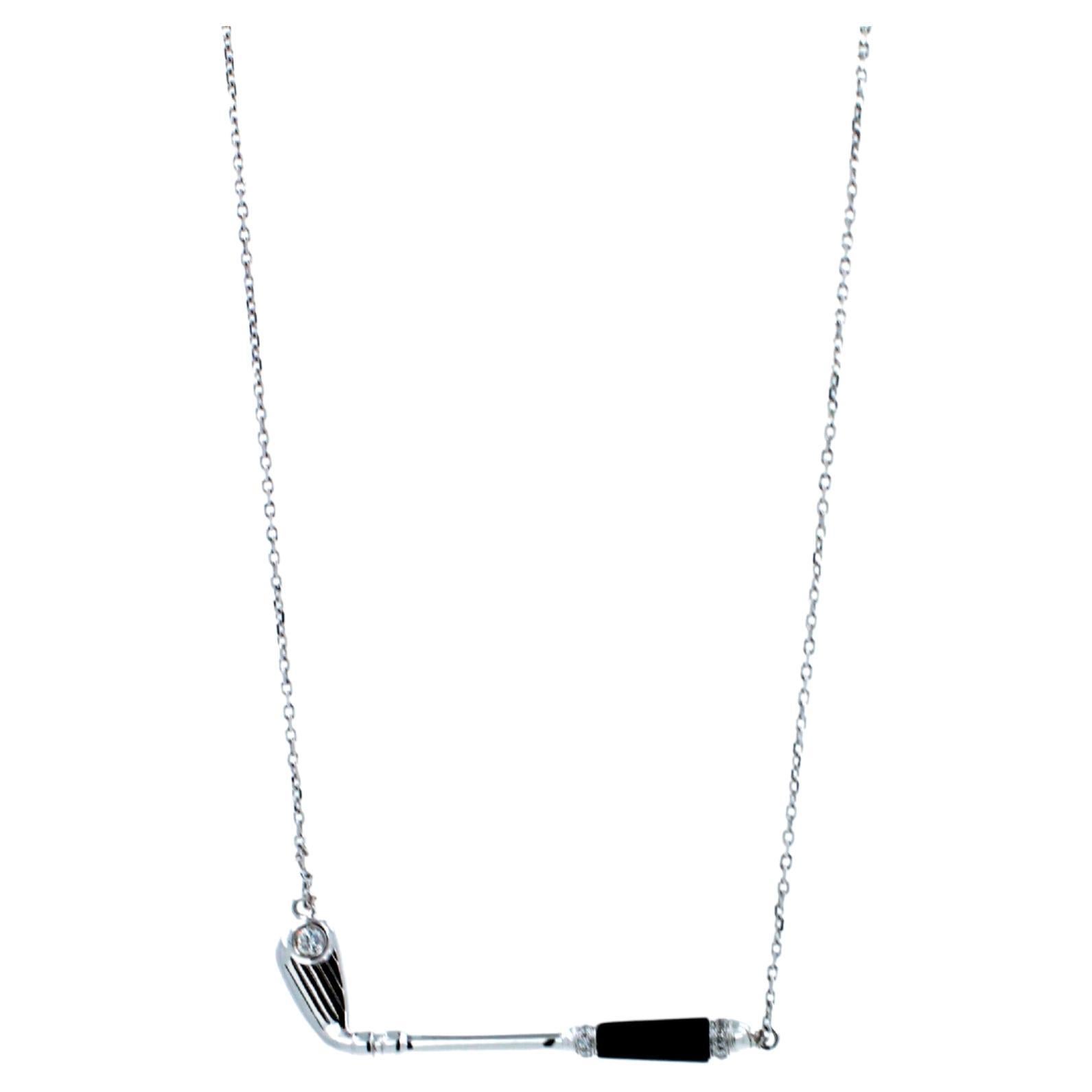 Diamond Black Onyx Golf Club Birdie Charm 18K White Gold Necklace Pendant Symbol
18K White Gold
Black Onyx Gemstone Handle
White Diamond Golf Ball Gemstone
0.15 cts Diamonds
16-18 inches Diamond-Cut Link Cable chain length
In-Stock
This is part of