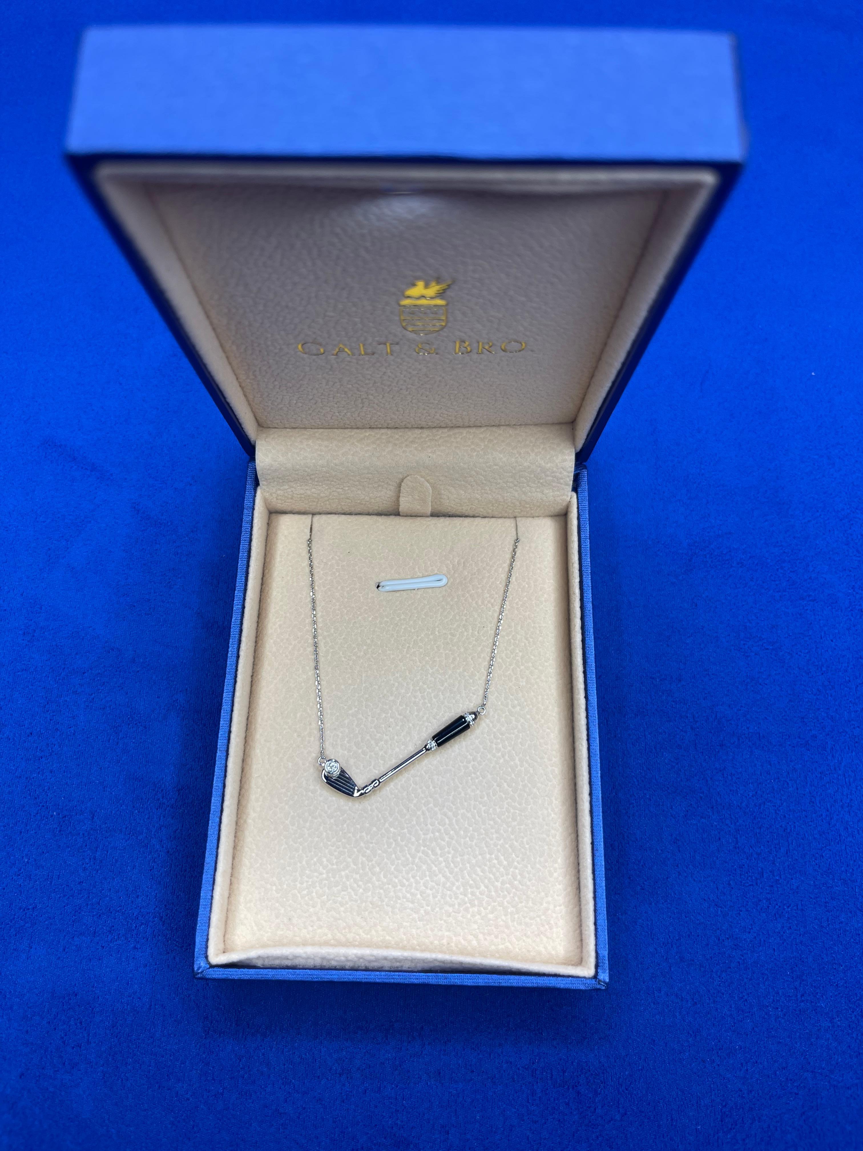 Diamond Black Onyx Golf Club Birdie Charm 18 Karat White Gold Necklace Pendant For Sale 1