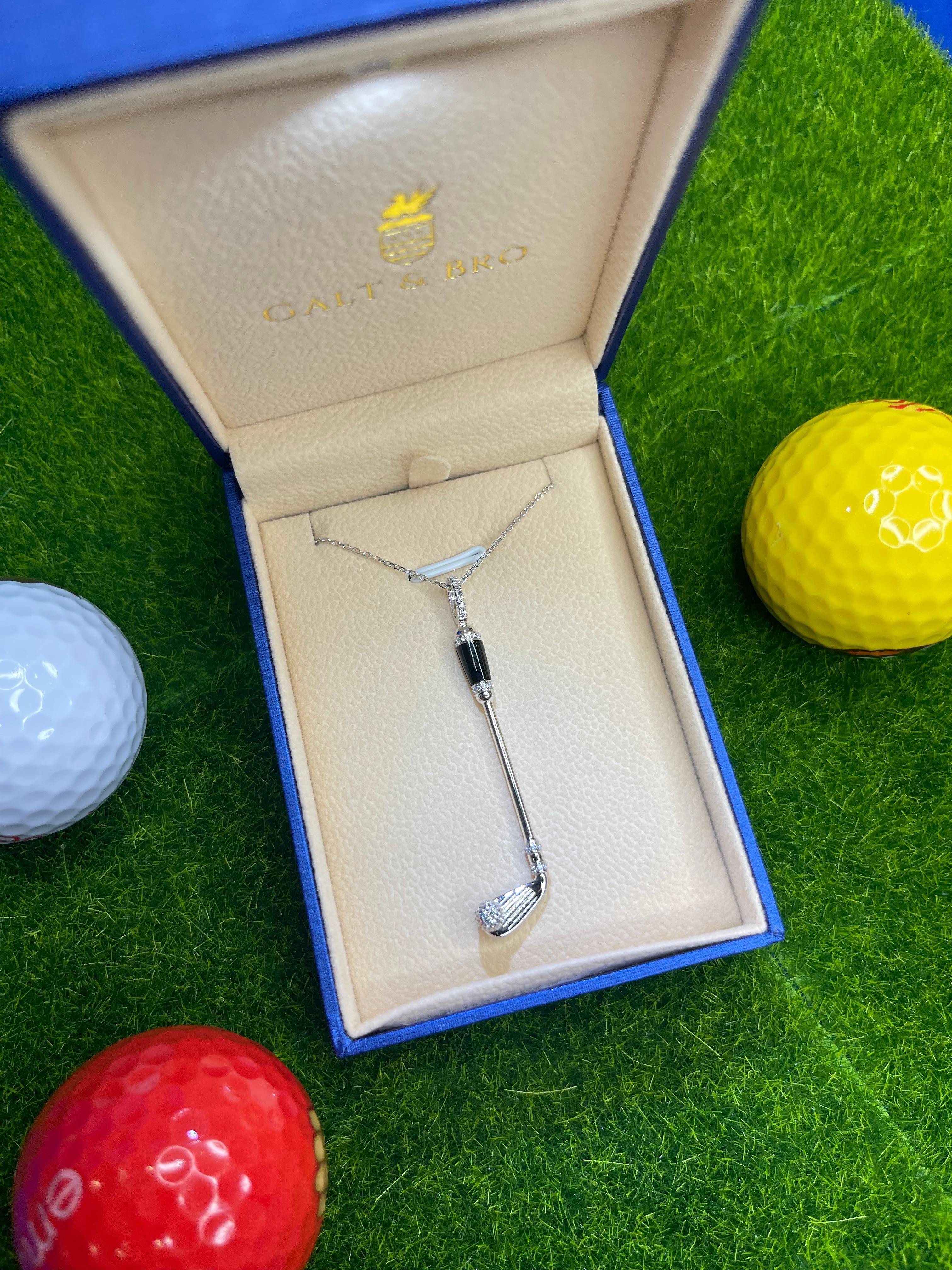 Modern Diamond Black Onyx Golf Club Birdie Charm 18 Karat White Gold Necklace Pendant For Sale