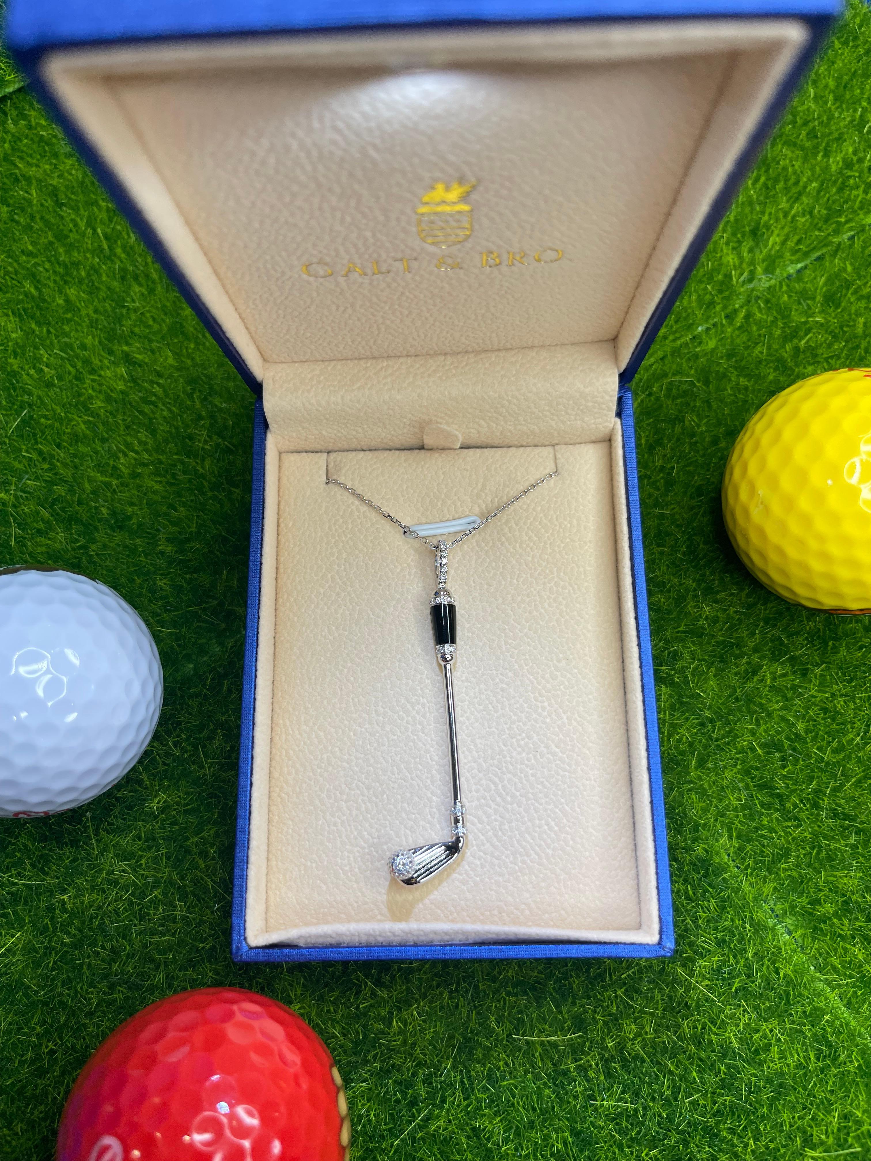 Cabochon Diamond Black Onyx Golf Club Birdie Charm 18 Karat White Gold Necklace Pendant For Sale