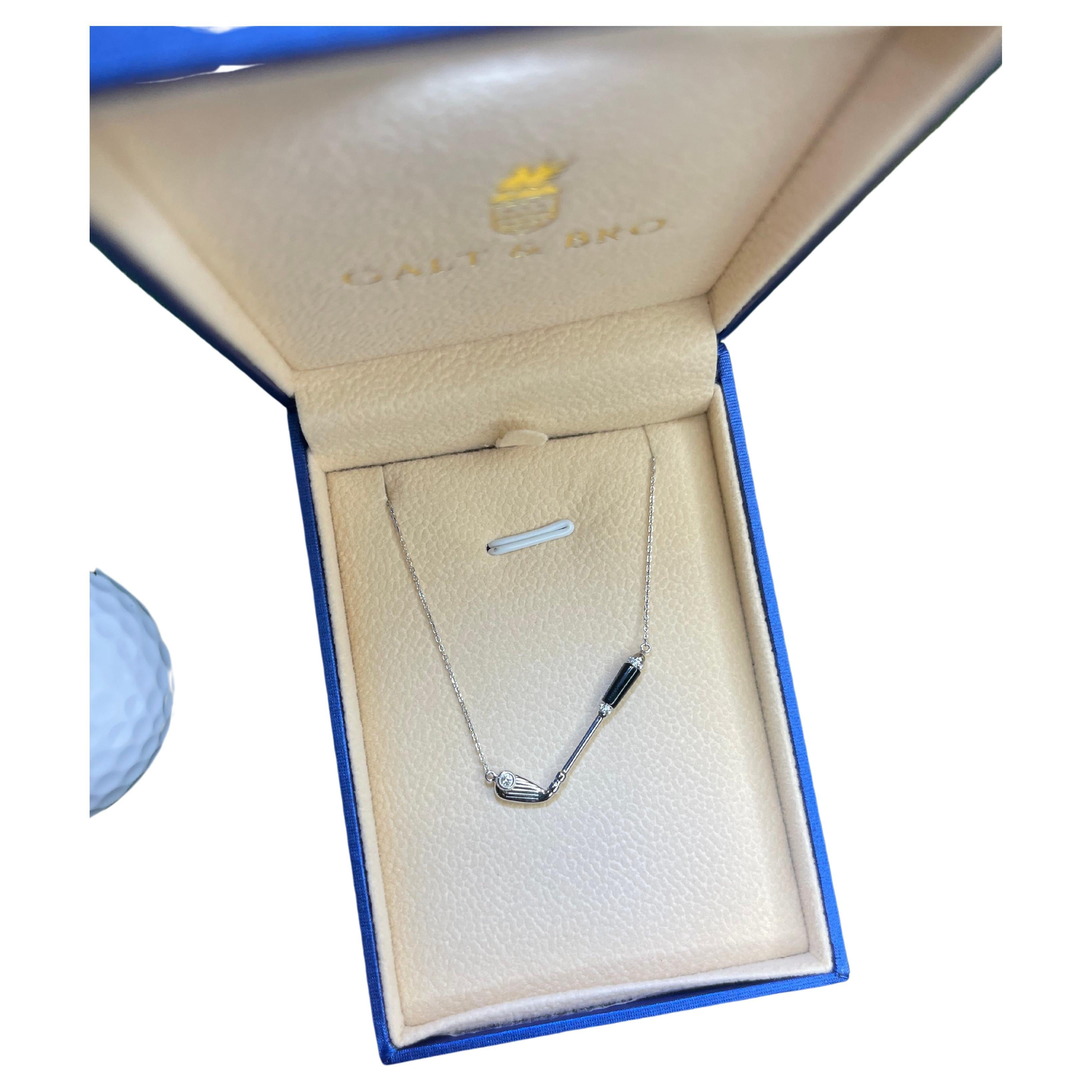 Women's or Men's Diamond Black Onyx Golf Club Birdie Charm 18 Karat White Gold Necklace Pendant For Sale