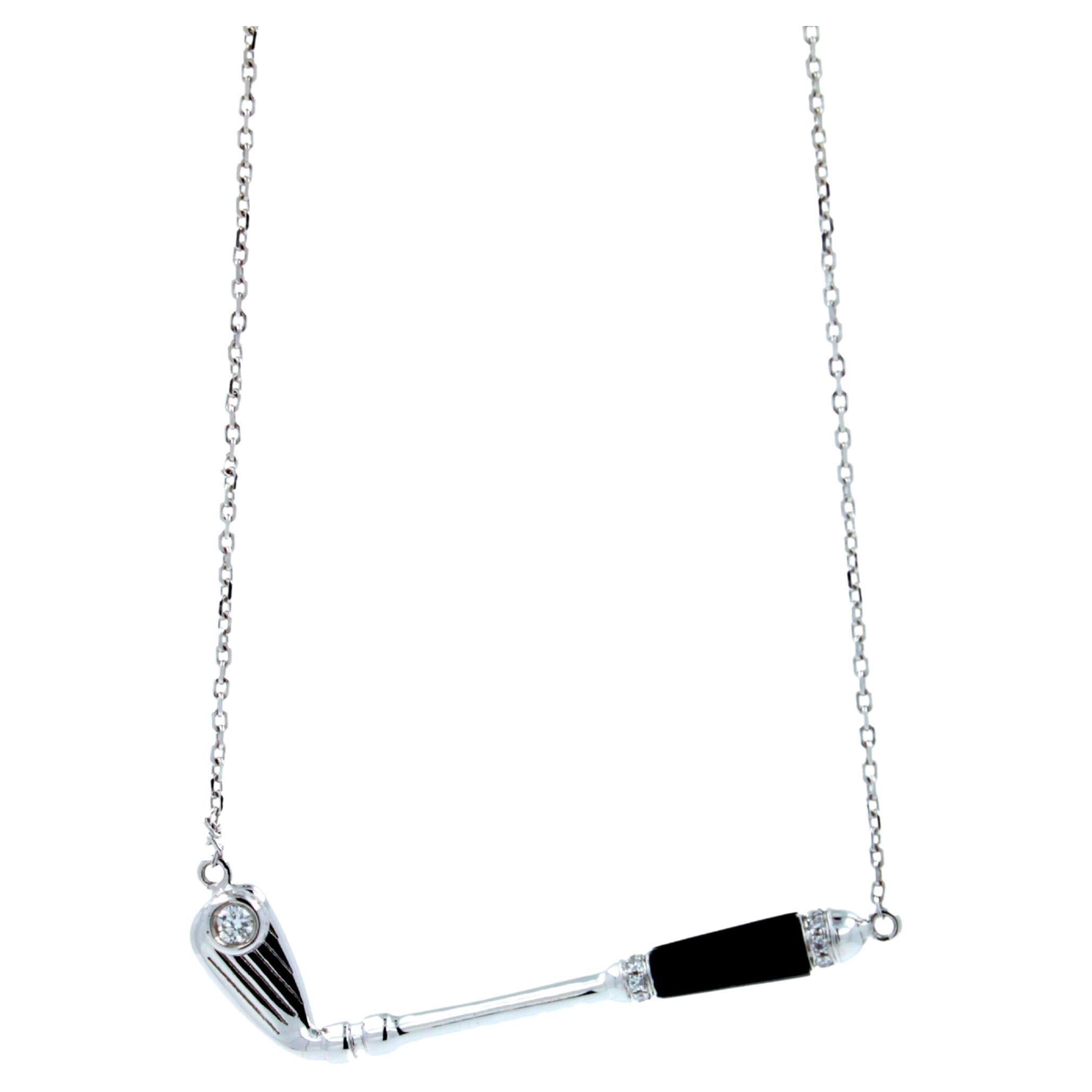 Diamond Black Onyx Golf Club Birdie Charm 18 Karat White Gold Necklace Pendant For Sale