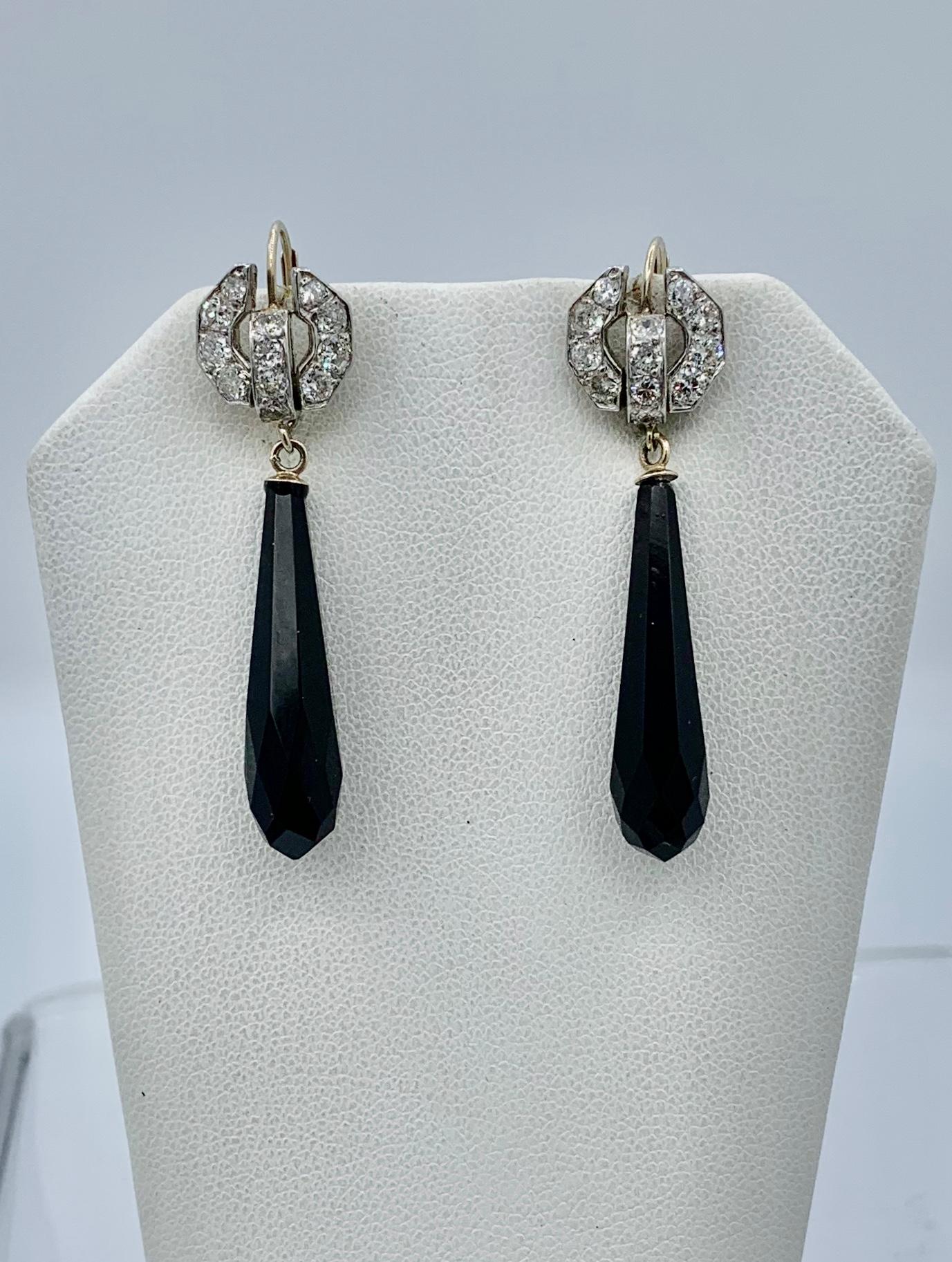 Art Deco Diamond Black Onyx Platinum Dangle Drop Earrings For Sale