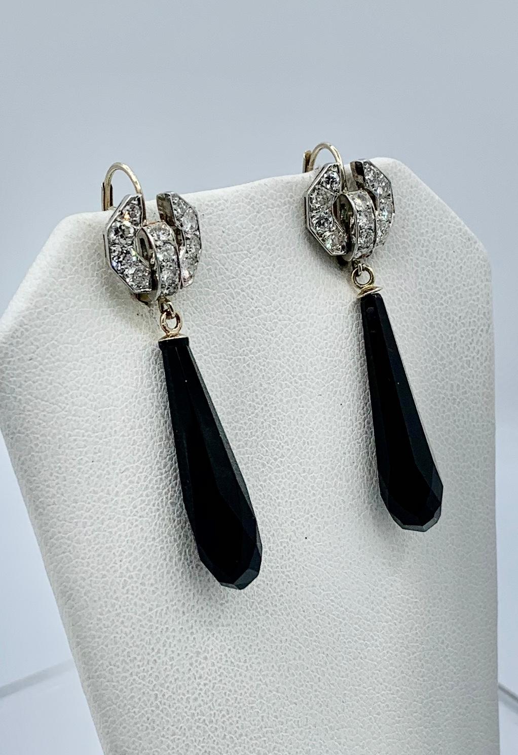 Old European Cut Diamond Black Onyx Platinum Dangle Drop Earrings For Sale