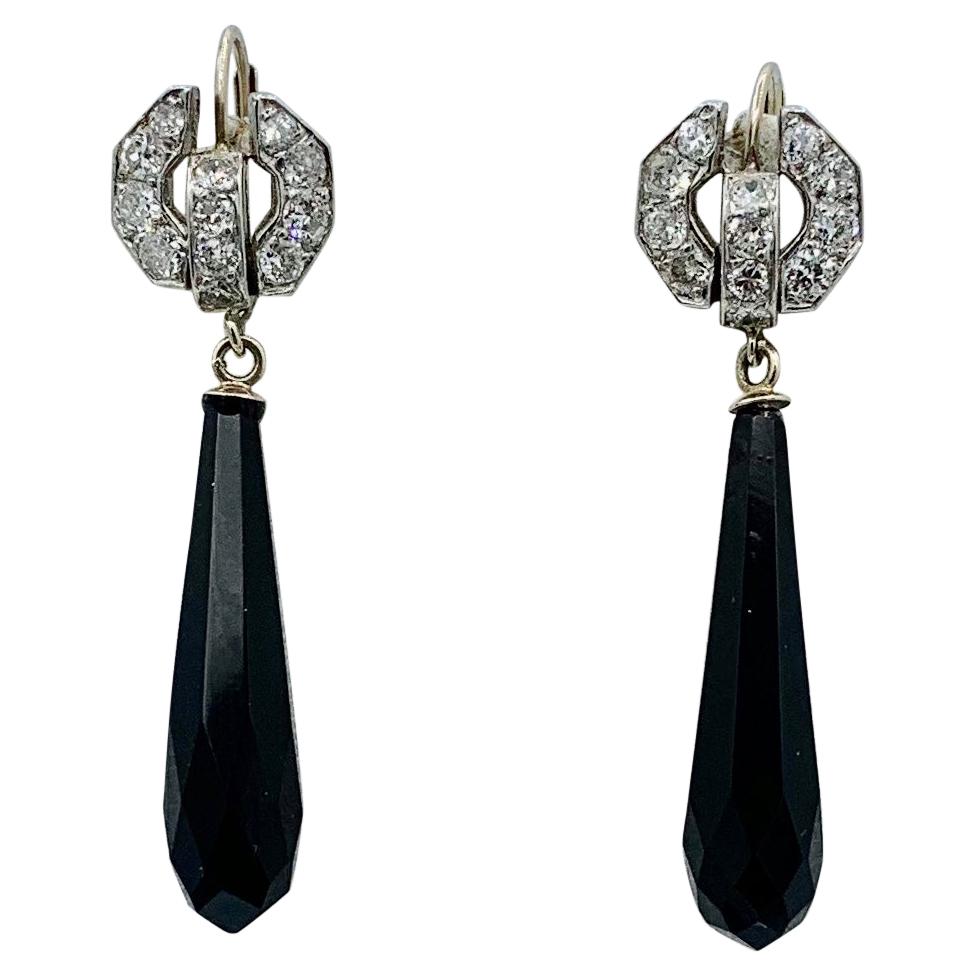Diamond Black Onyx Platinum Dangle Drop Earrings