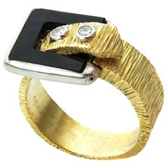 Diamond Black Onyx Textured Gold Unisex Belt-Buckle Ring