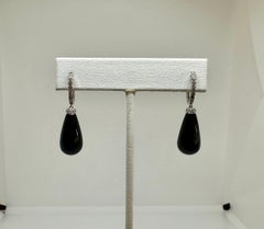 Diamond Black Onyx Torpedo Dangle Earrings 14K White Gold 1.5 Inch Art Deco