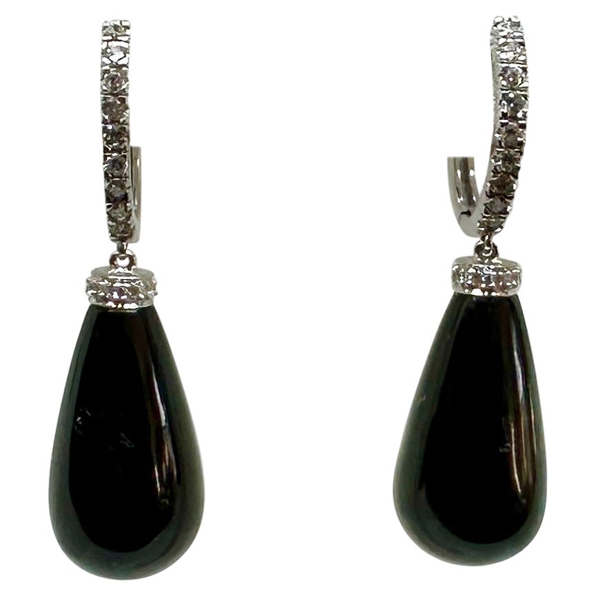 Diamond Black Onyx Torpedo Dangle Earrings 14K White Gold 1.5 Inch Art Deco