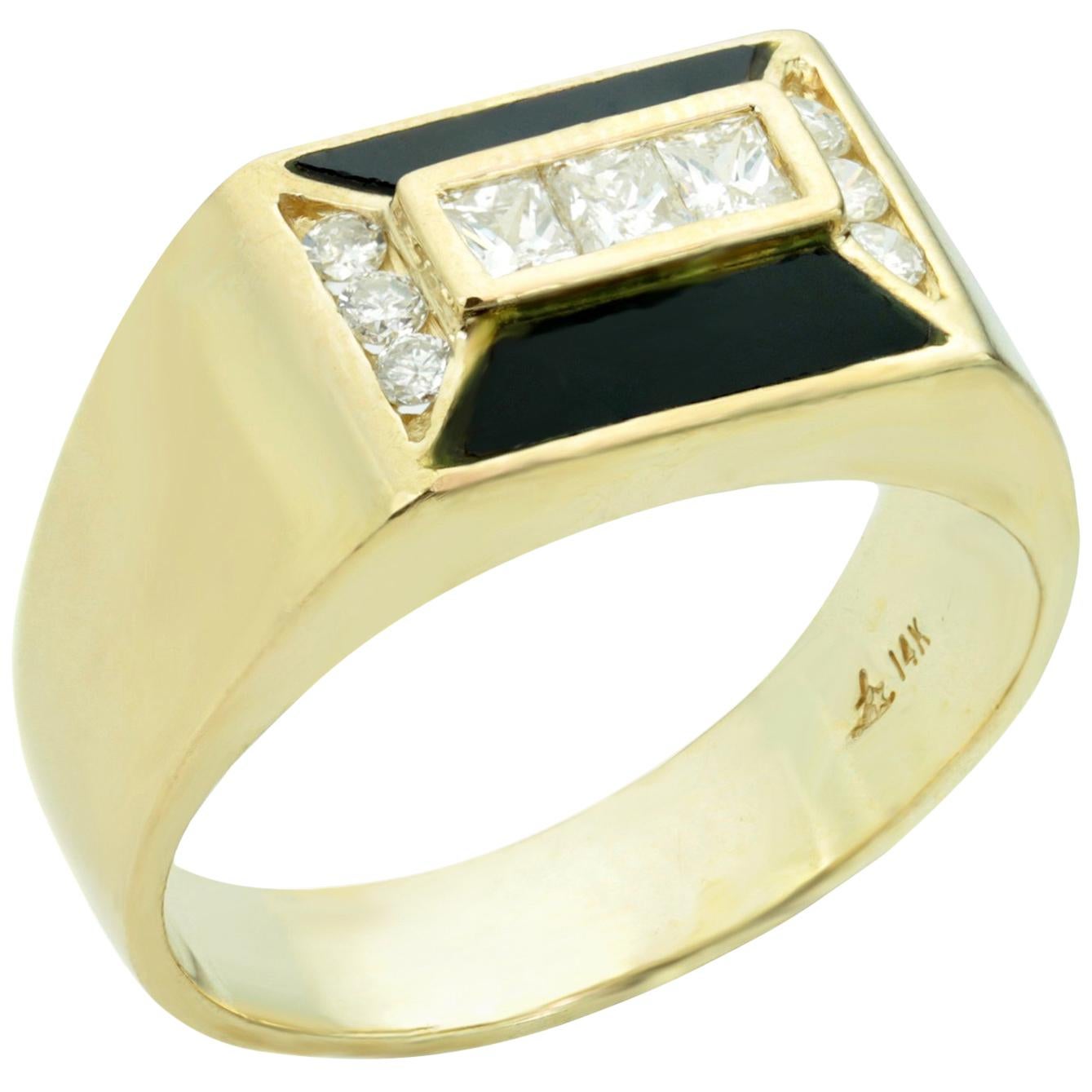 Diamond Black Onyx Yellow Gold Geometric Ring