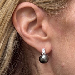 Diamond Black Pearl 14 Karat White Gold Leverback Earrings