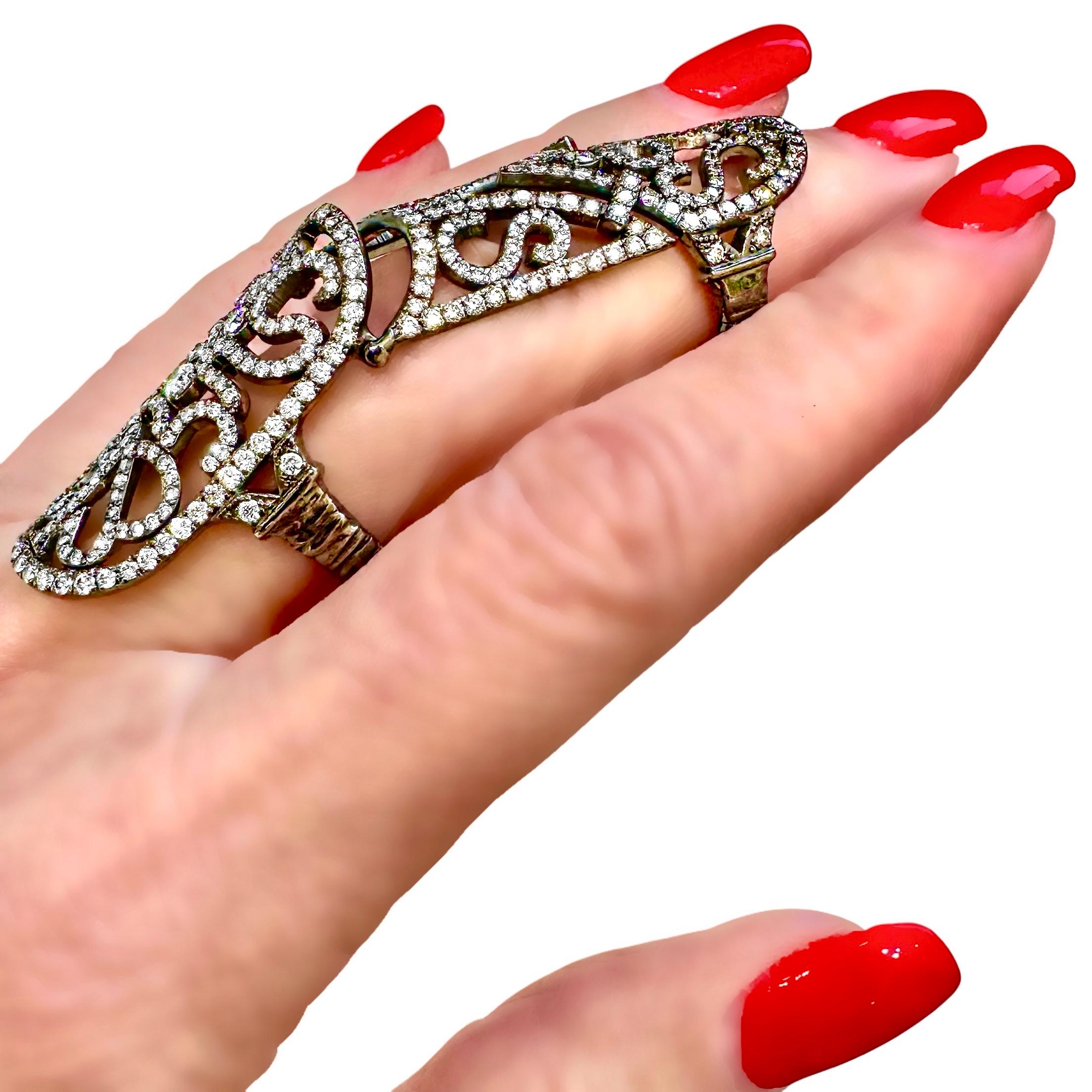Modern Diamond & Black Plated Gold Hinged Full Finger Ring by Jacob & Co 2.32 Inch Long For Sale
