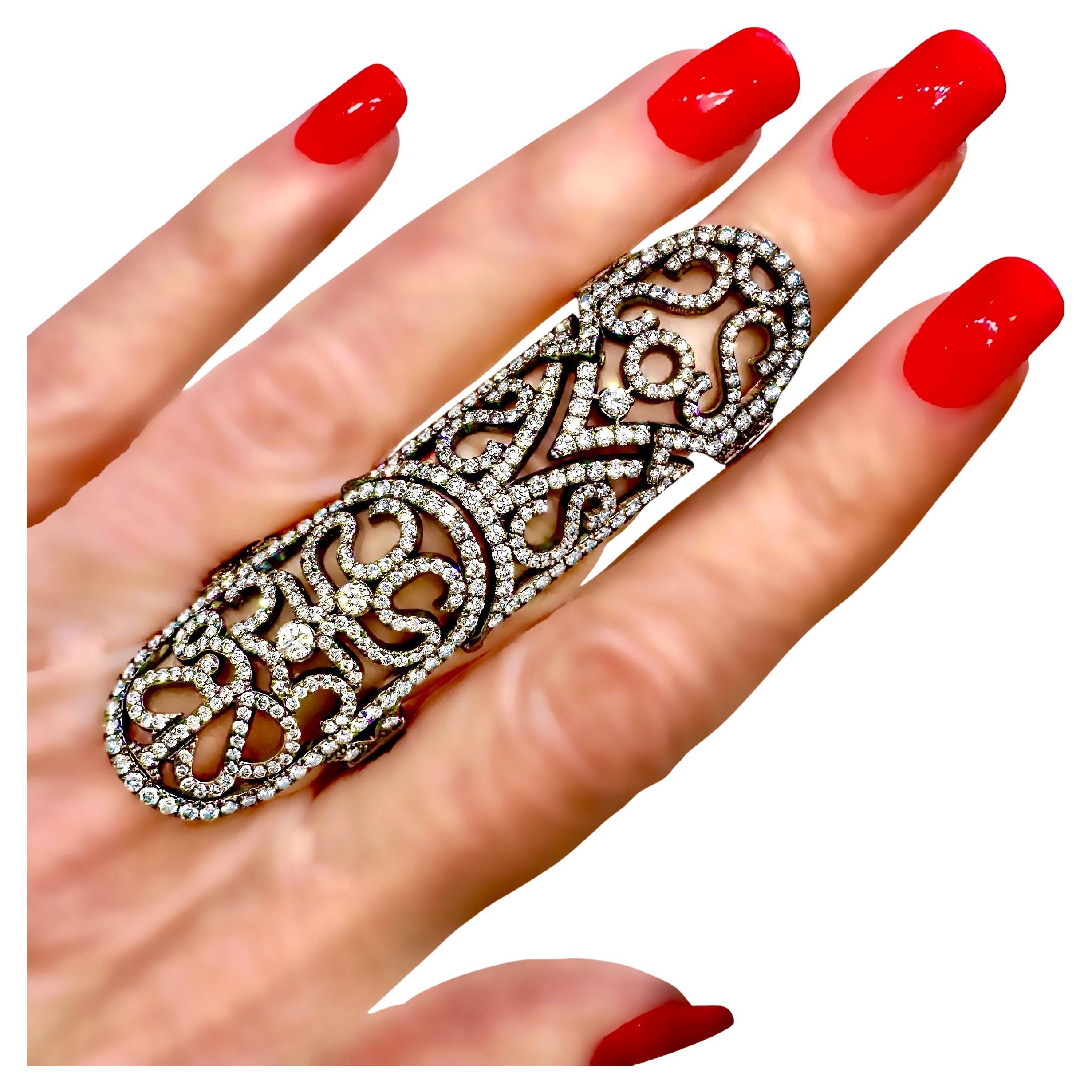 Diamond & Black Plated Gold Hinged Full Finger Ring by Jacob & Co 2.32 Inch Long For Sale