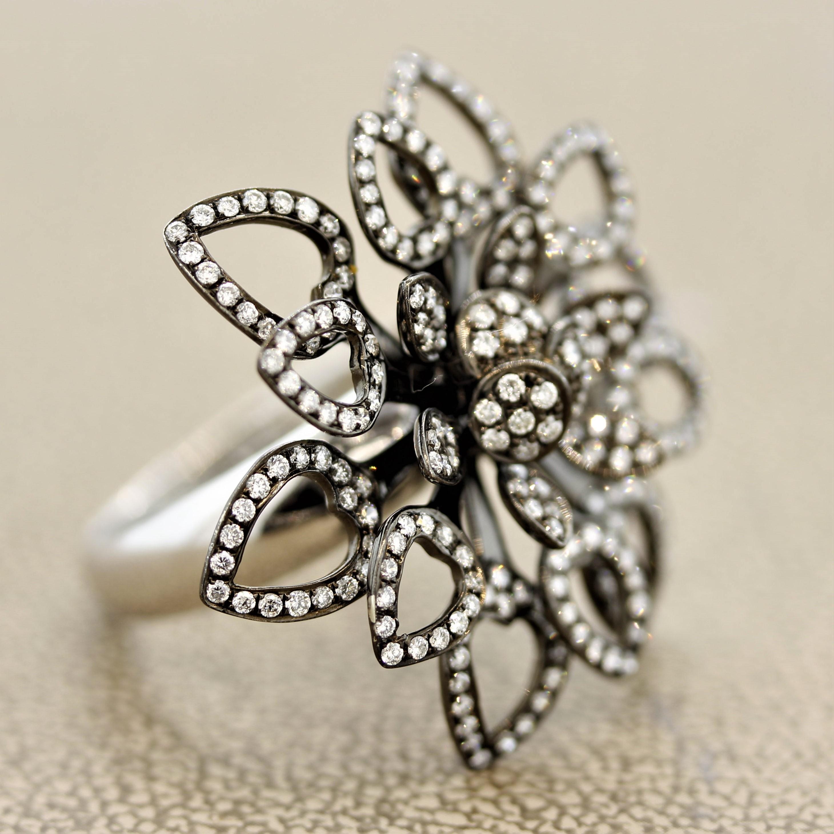 Women's Diamond Black-Rhodium Gold Flower Ring For Sale