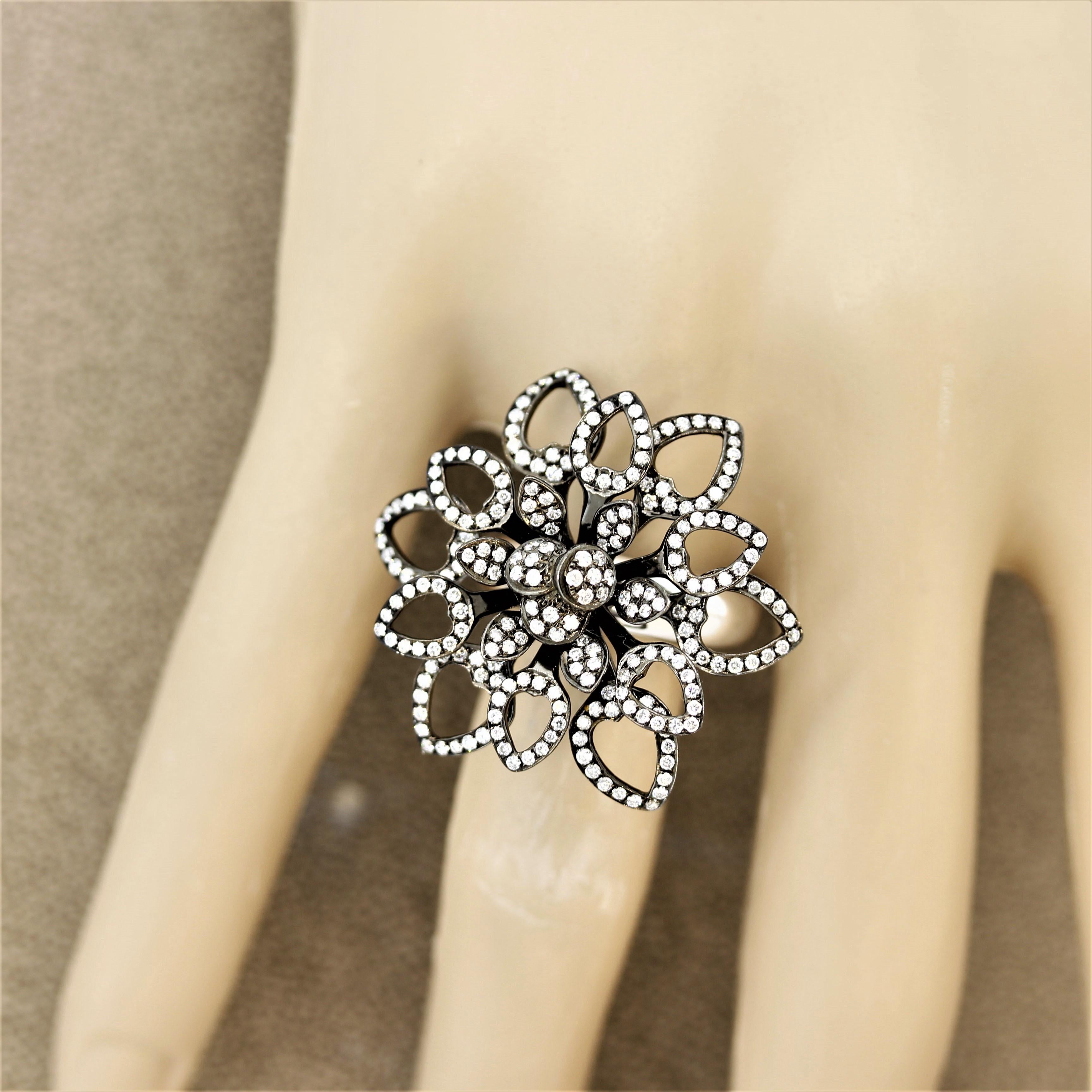 Diamond Black-Rhodium Gold Flower Ring For Sale 1