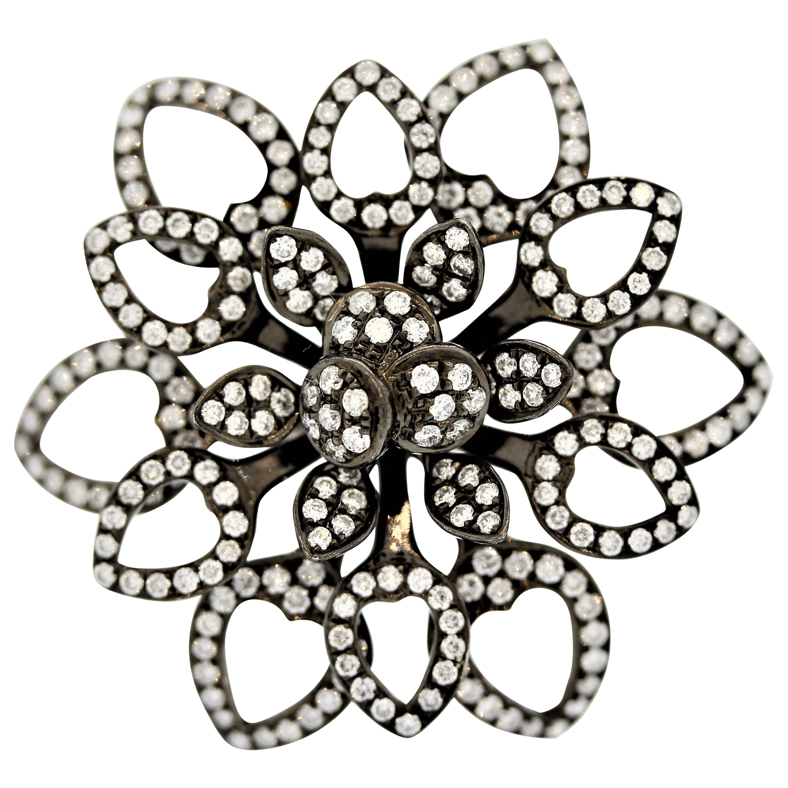Diamond Black-Rhodium Gold Flower Ring For Sale