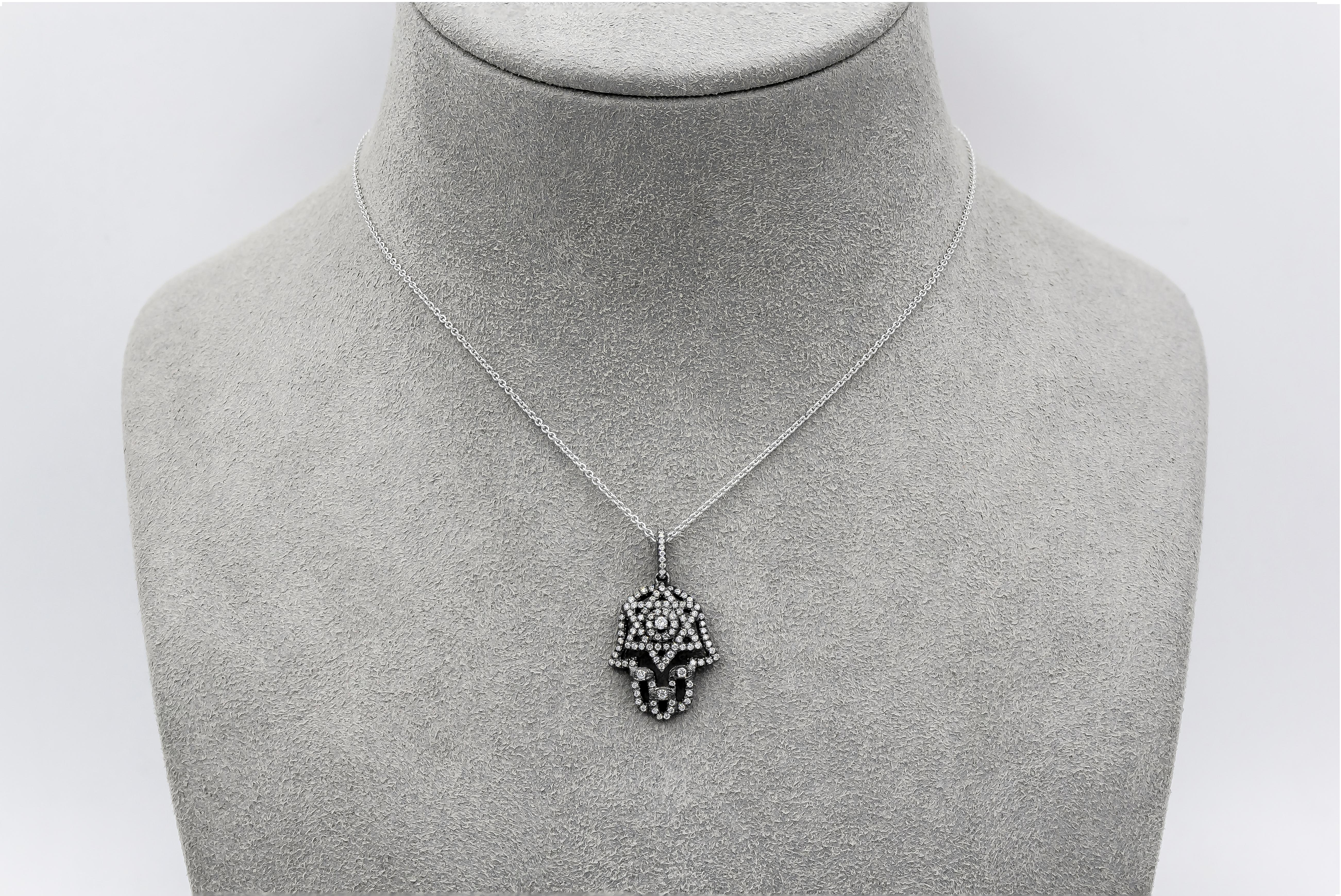 Round Cut Roman Malakov 0.40 Carat Round Diamond Black Rhodium Hamsa Hand Pendant Necklace For Sale