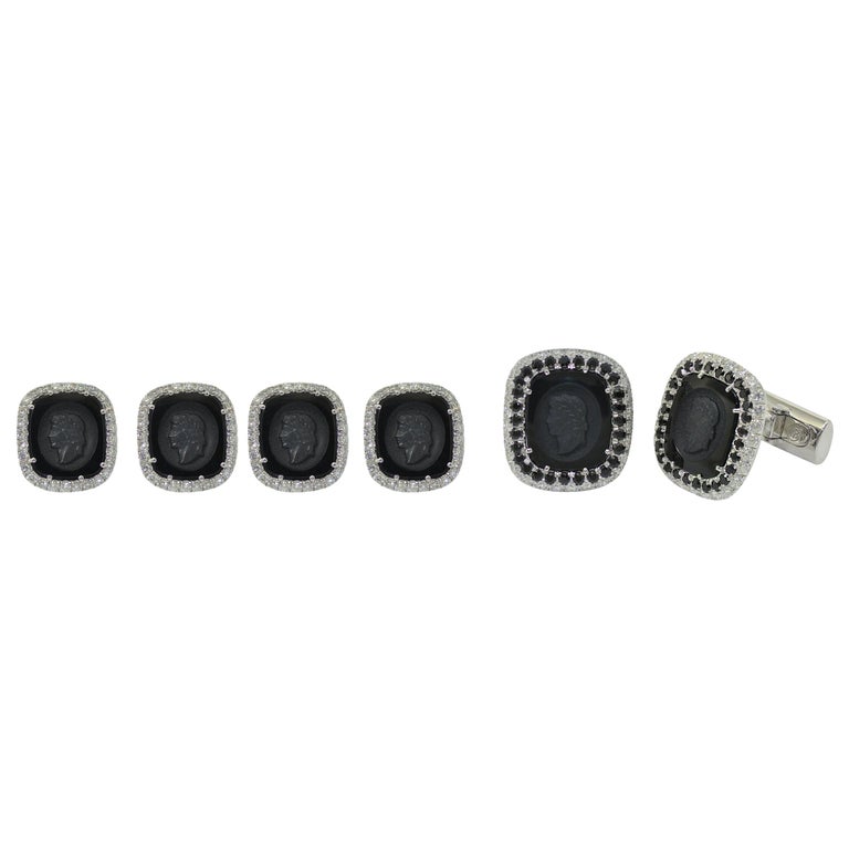 Diamond Black Spinel Carved Onyx Made in Italy Studs Cufflinks For Sale