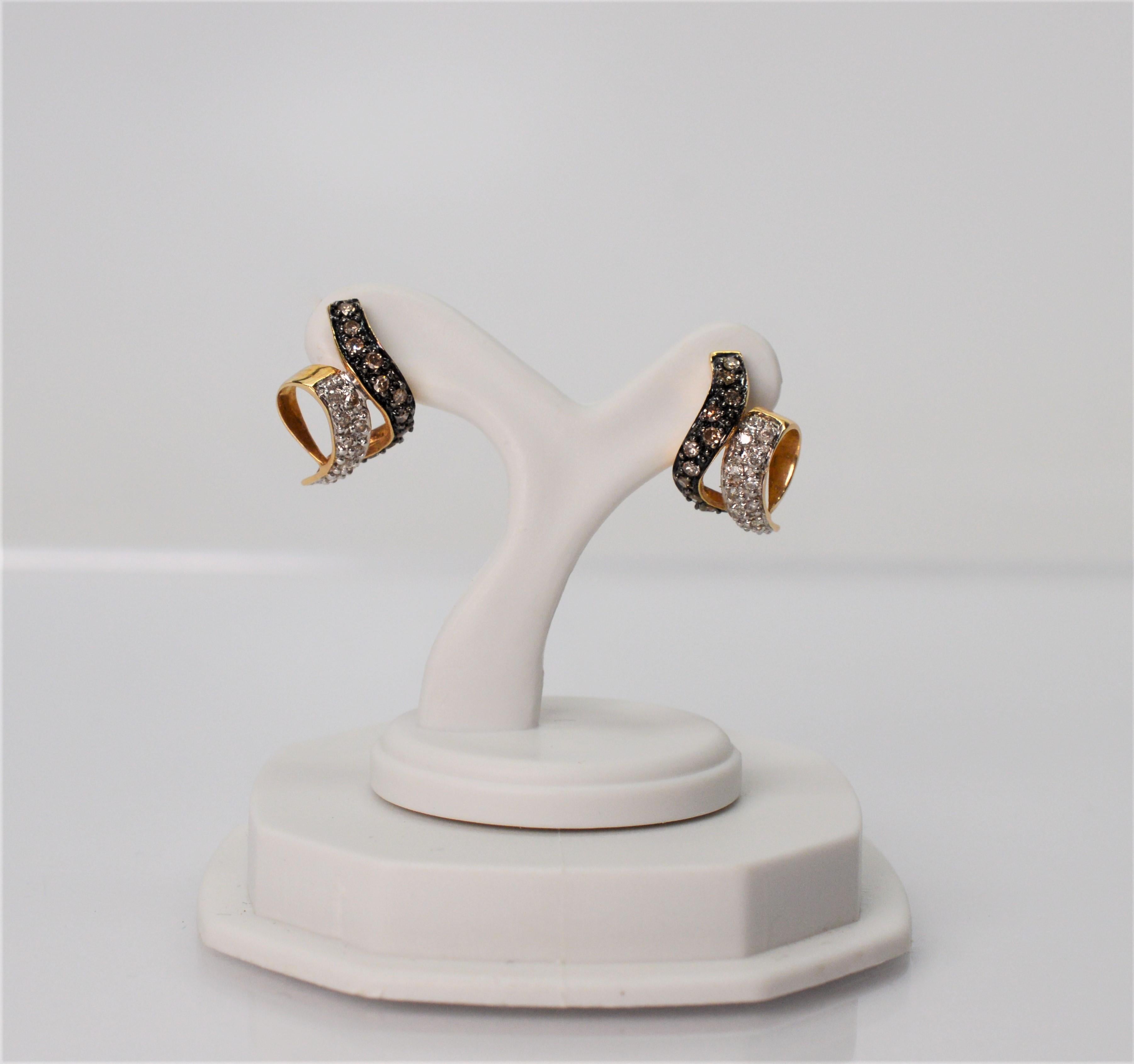 Women's Diamond Black and White Gold Ribbon Earrings
