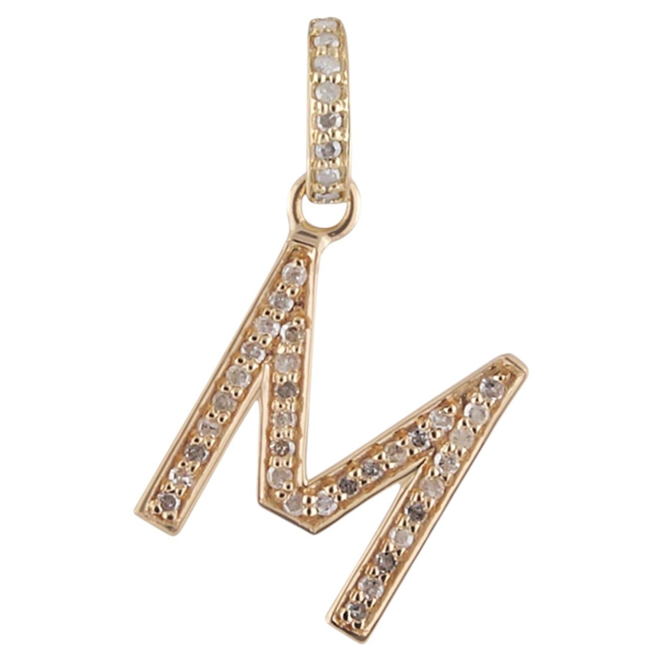 Ciondolo con lettera M in forma di blocco di diamanti, in oro 14 carati, gioiello di alta gioielleria unisex
