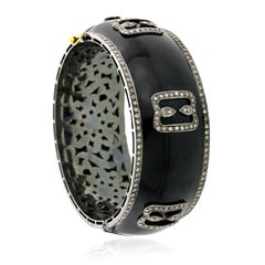 Diamond Blocks On Black Enameled Cuff Made In 14k Gold