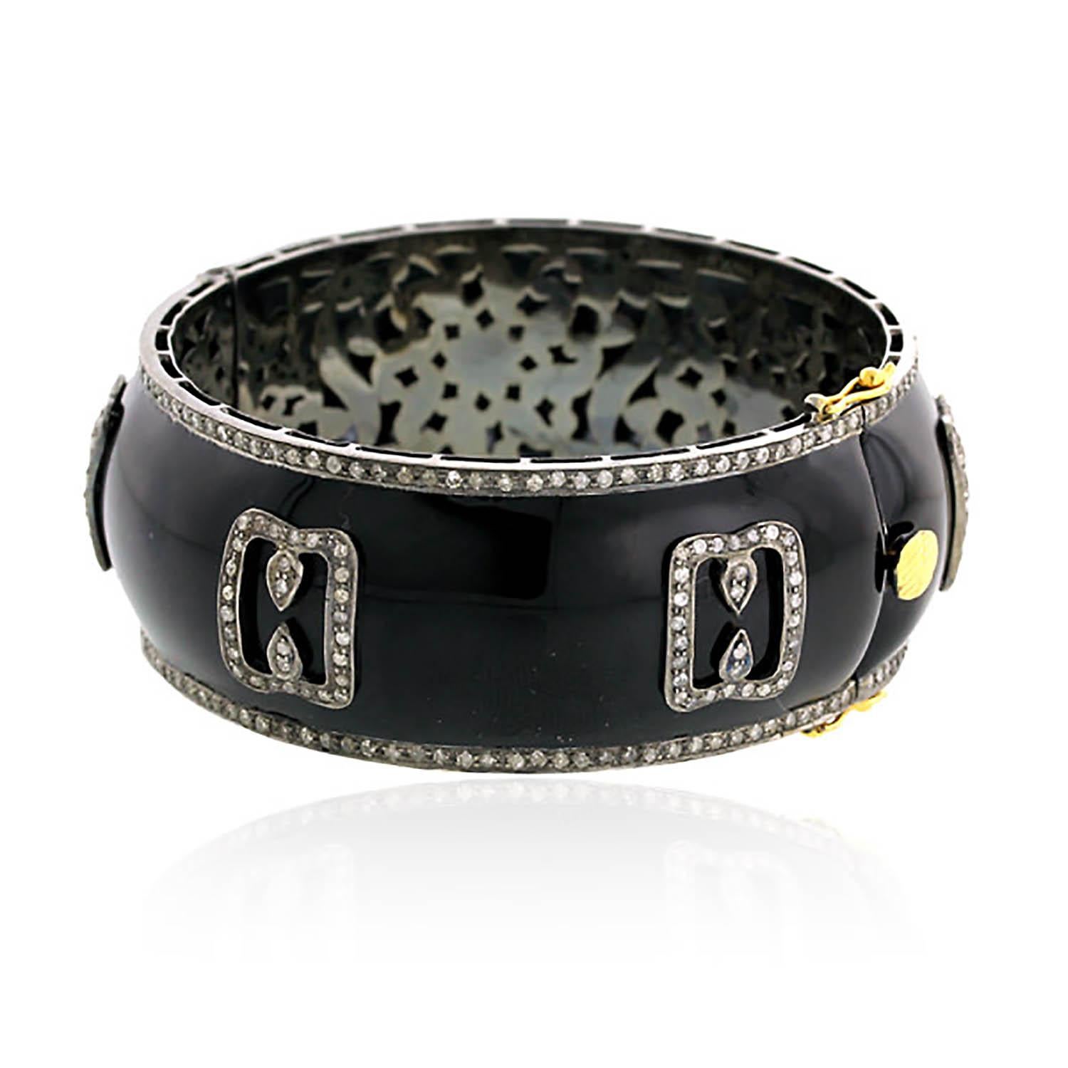 Mixed Cut Diamond Blocks On Black Enameled Cuff Made In 14k Gold For Sale