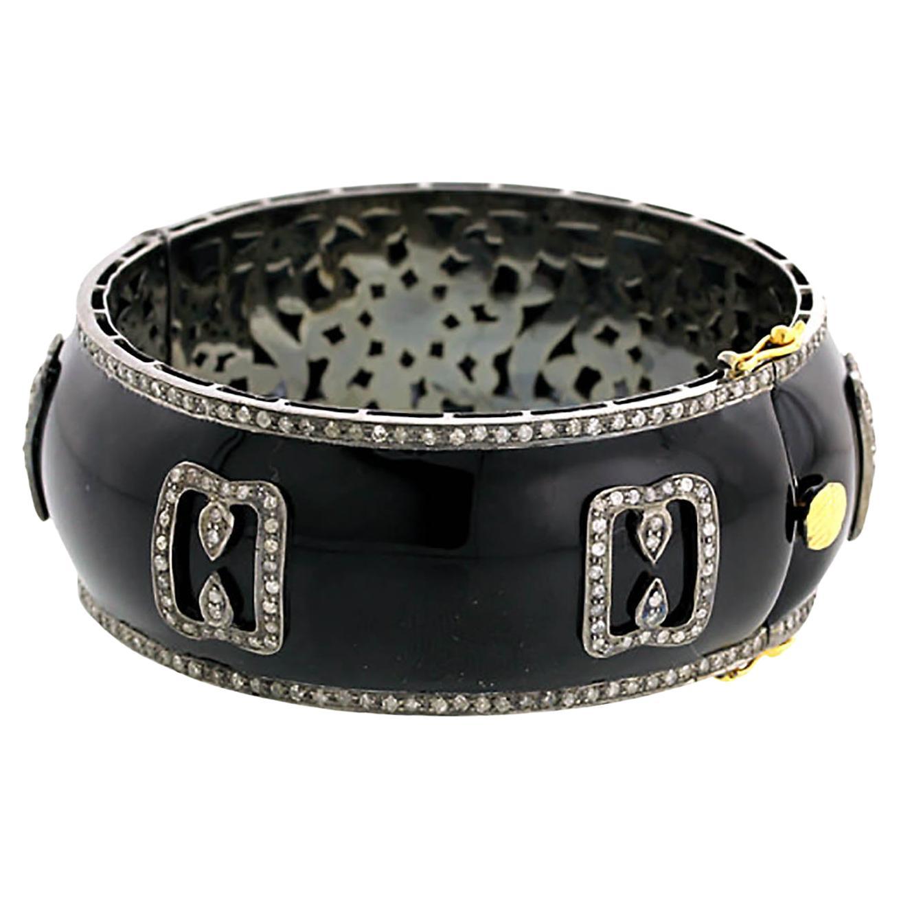 Diamond Blocks On Black Enameled Cuff Made In 14k Gold For Sale