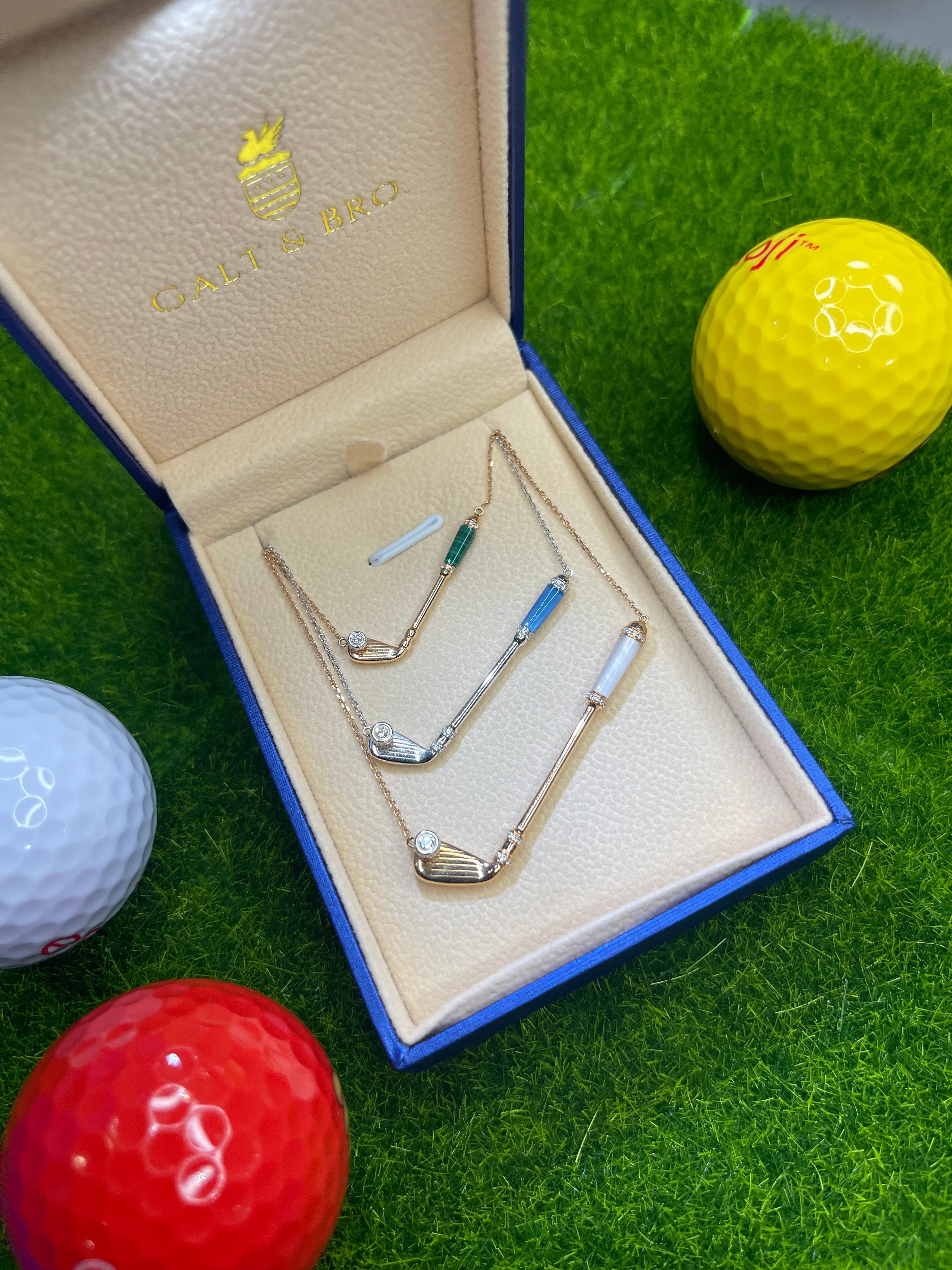 Women's or Men's Diamond Blue Agate Golf Club Birdie Charm 18 Karat White Gold Necklace Pendant For Sale