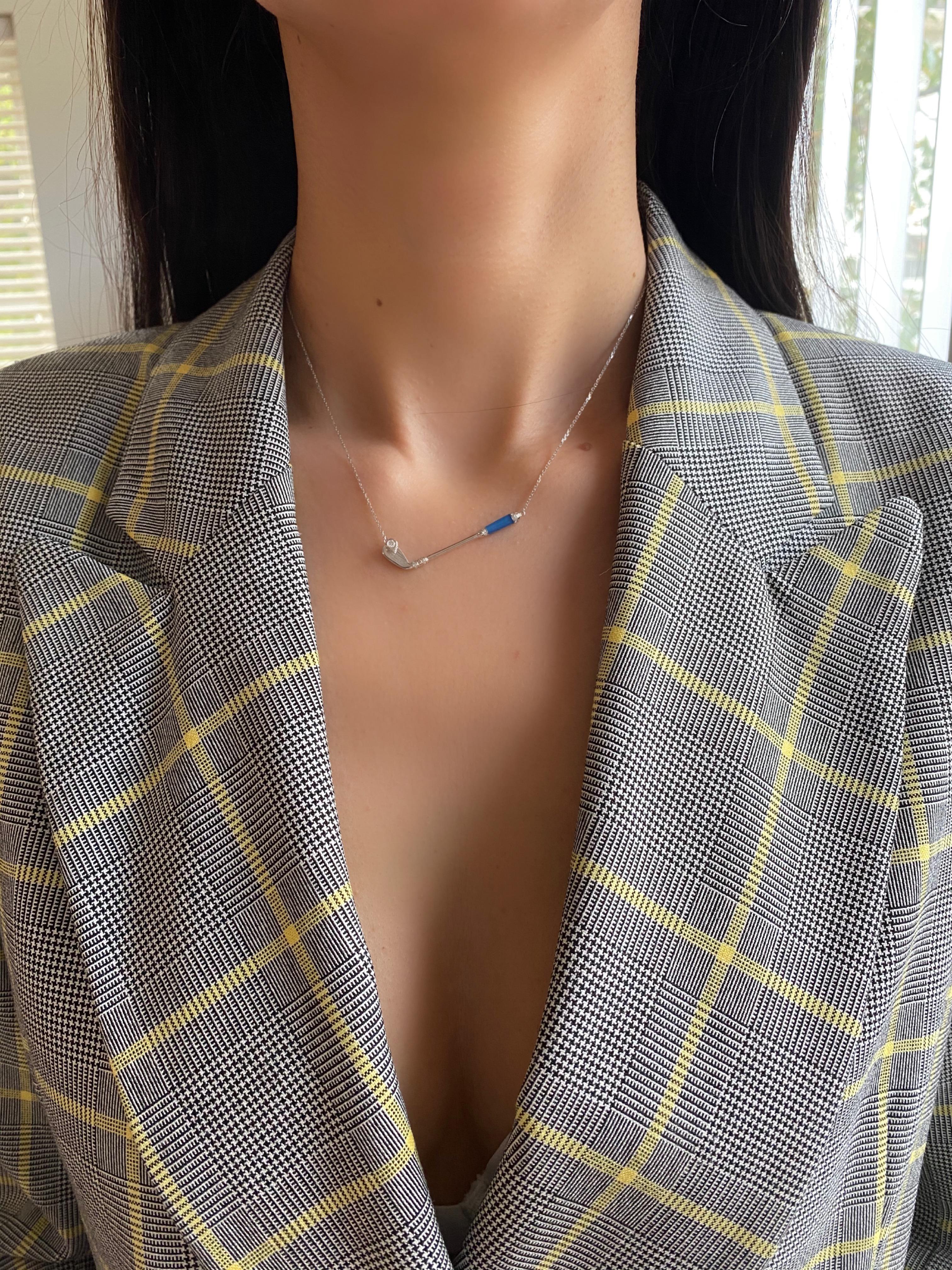 Diamond Blue Agate Golf Club Birdie Charm 18 Karat White Gold Necklace Pendant For Sale 5