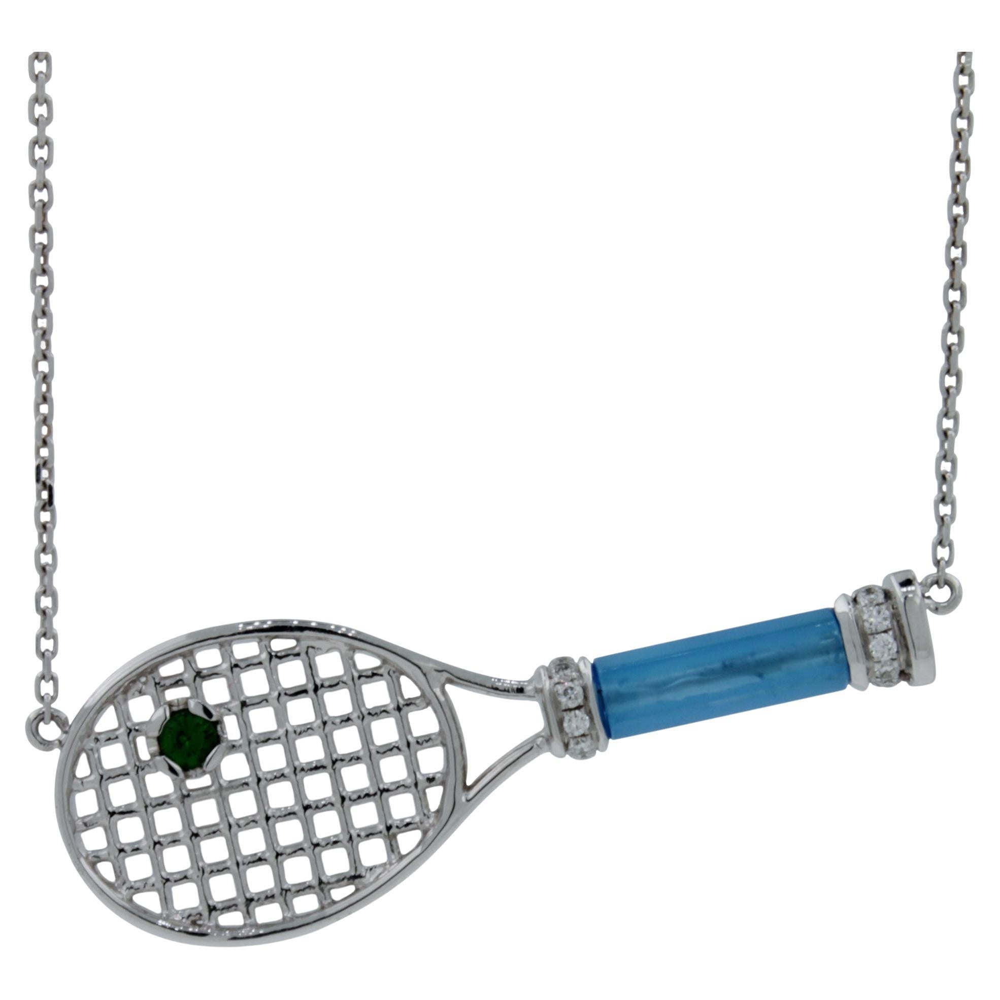 Diamond Blue Agate Tennis Racket Tsavorite 18 Karat White Gold Necklace Pendant