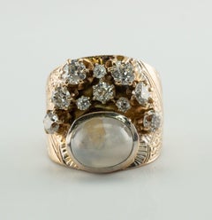 Breiter Diamant-Blauer Chalcedon-Ring mit Chalcedon, Vintage 14k Gold Statement