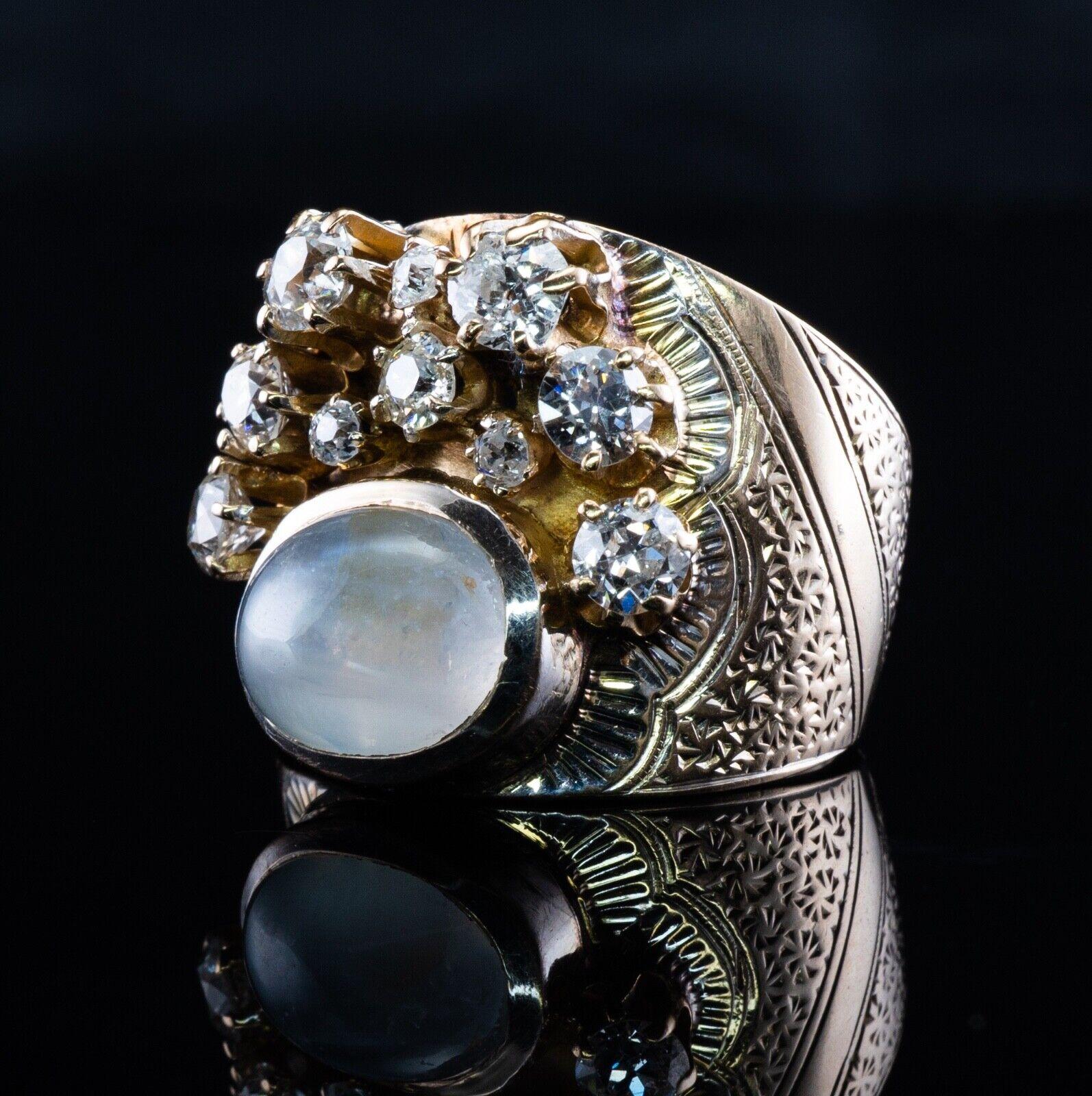 Breiter Diamant-Blauer Chalcedon-Ring mit Chalcedon, Vintage 14k Gold Statement (Rundschliff) im Angebot