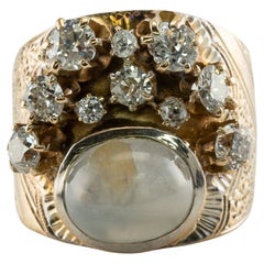Breiter Diamant-Blauer Chalcedon-Ring mit Chalcedon, Vintage 14k Gold Statement
