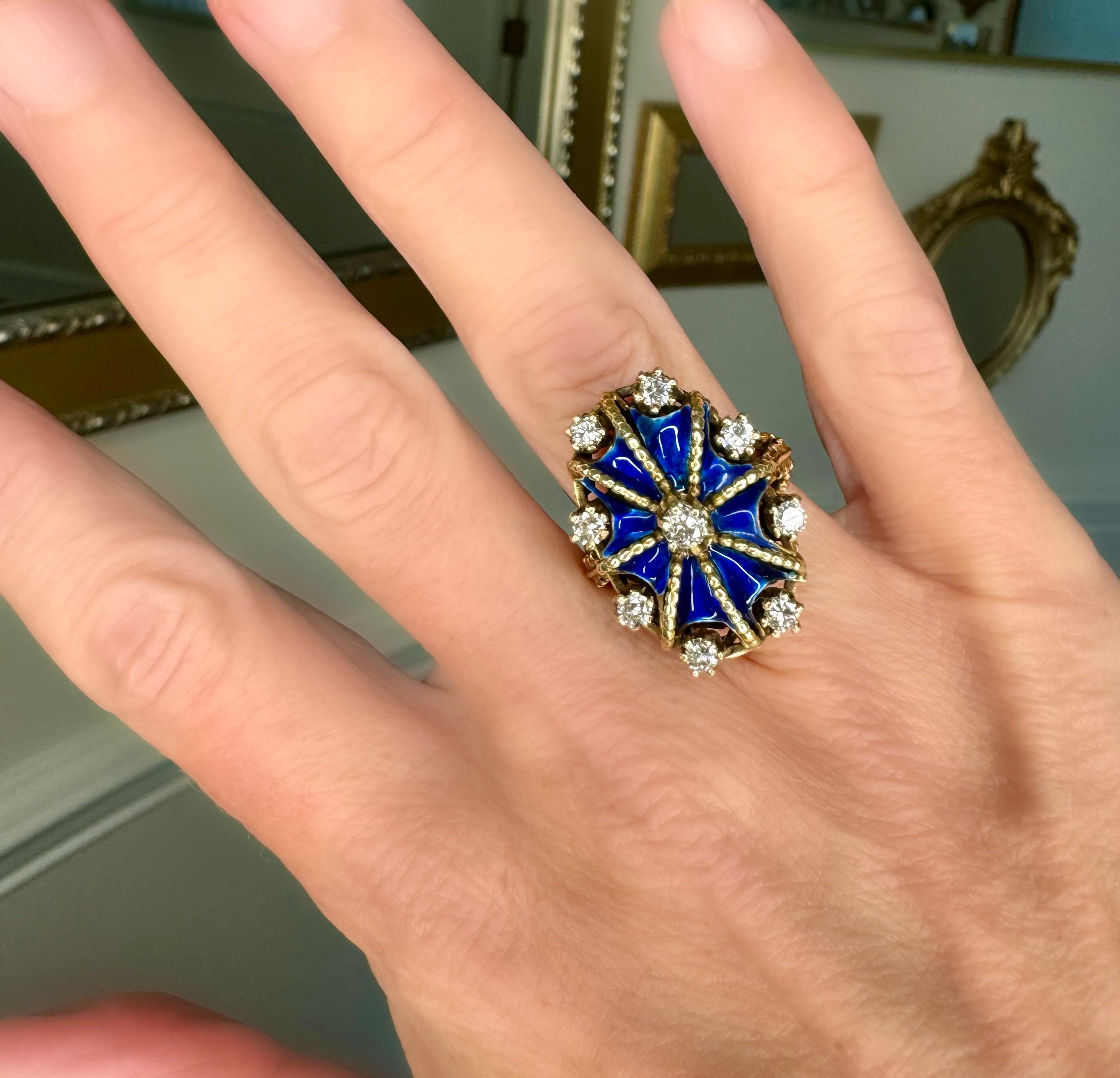 Modern Diamond, Blue Enamel and 14K Yellow Gold Antique Ring For Sale